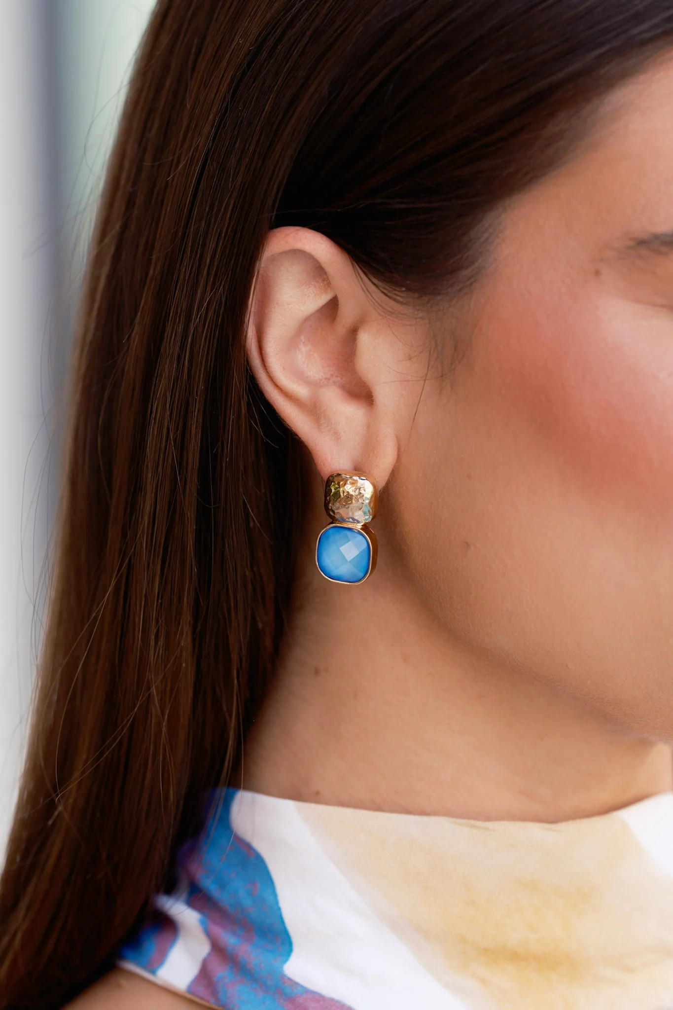 It's The Small Things Gold Textured Blue Stone Earrings