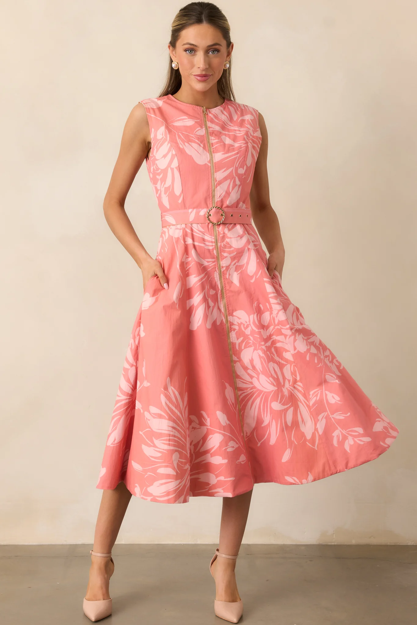 Rose Pink Floral Print Cotton Reversible Midi Dress