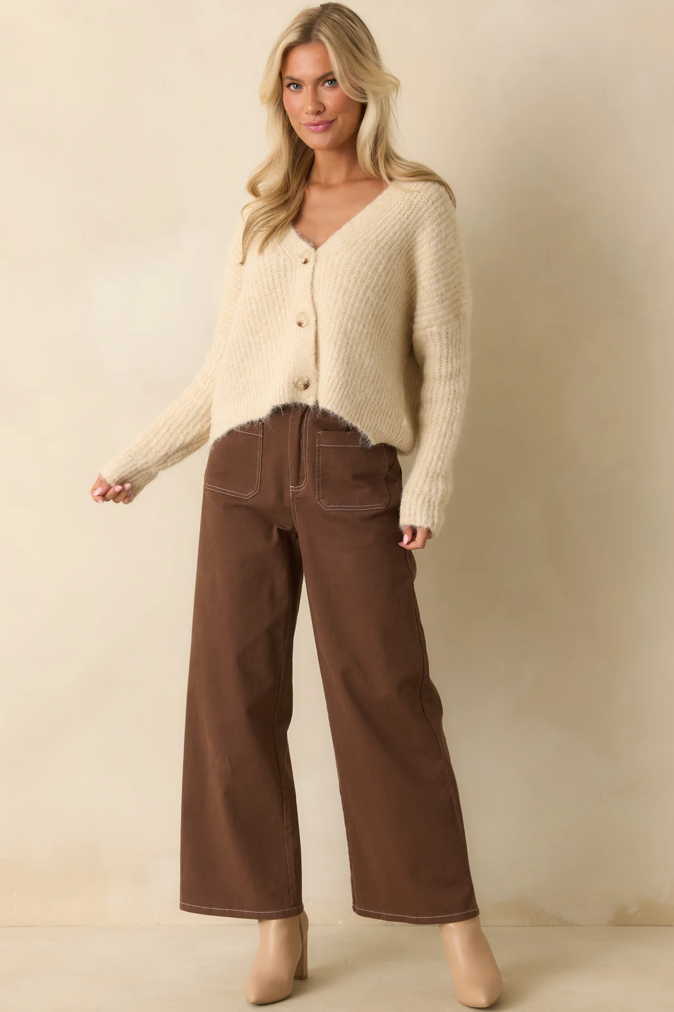 What Makes Sense Brown Cotton Contrast Stitch Wide Leg Pants