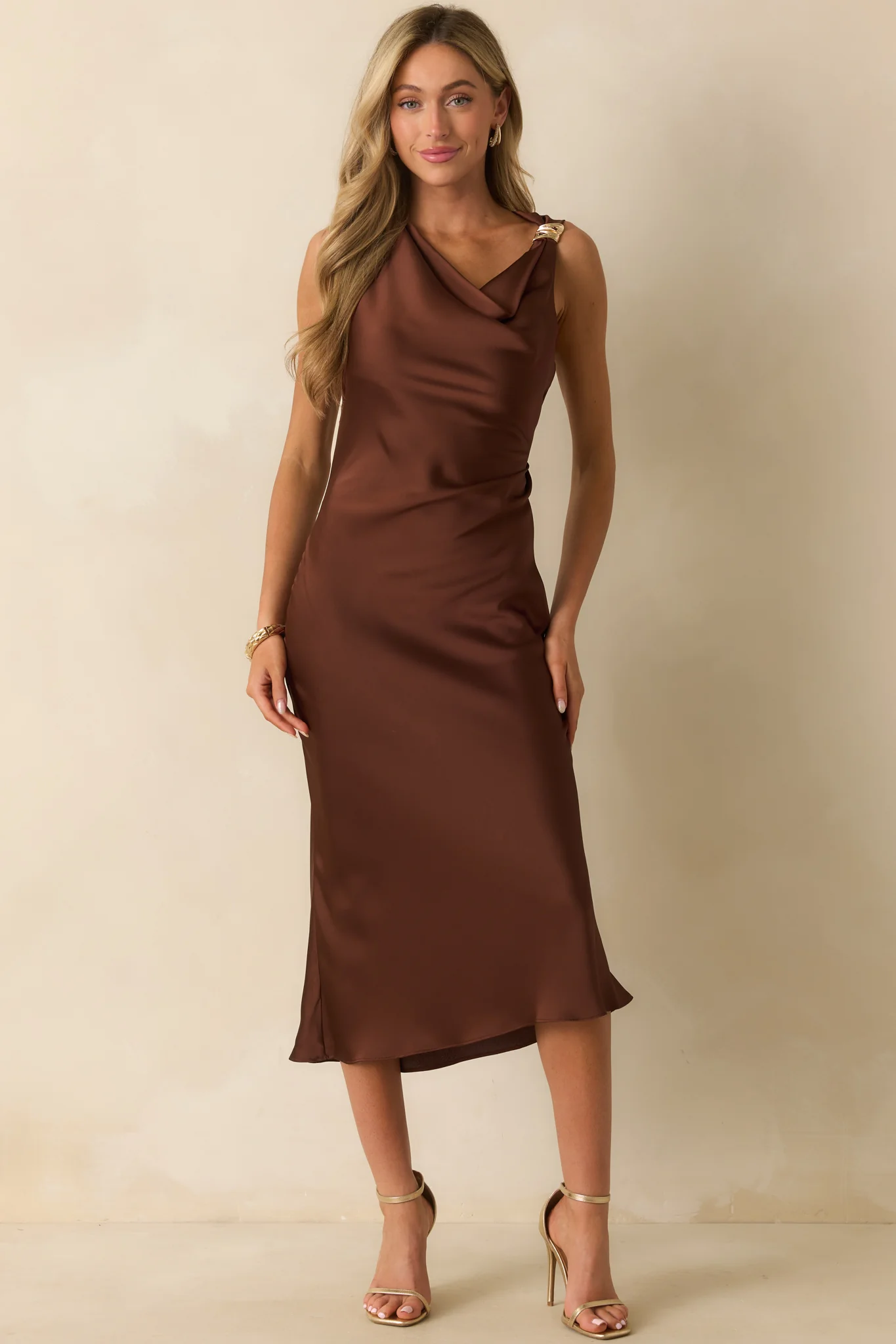 As I Expected Brown Satin Cowl Neck Sleeveless Midi Dress