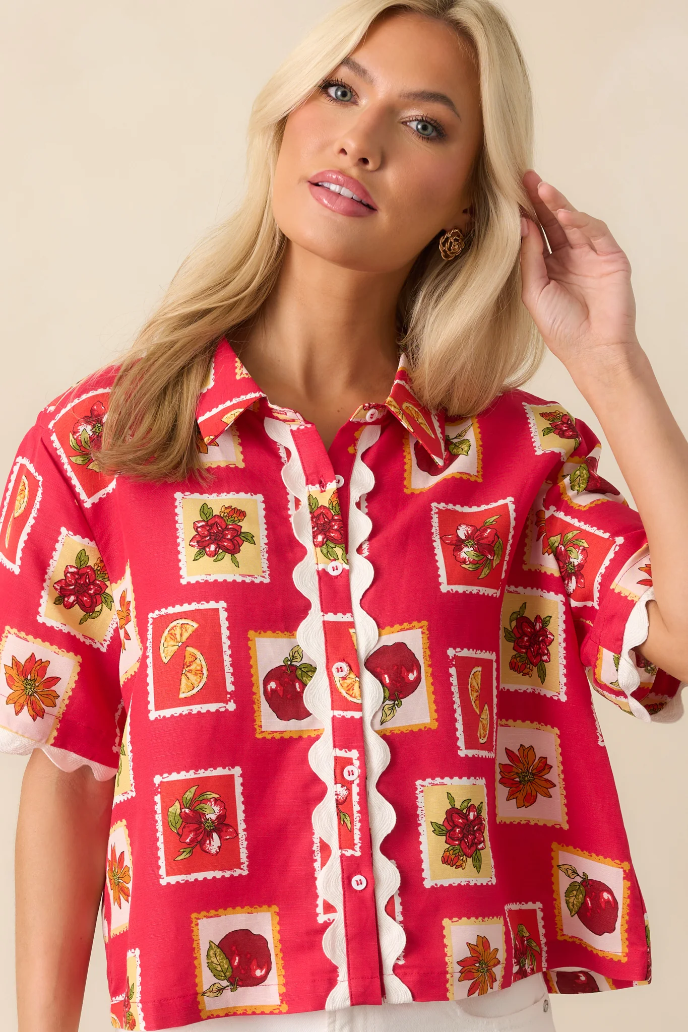 Peace Within Red Patchwork Print Linen Blend Button Front Top