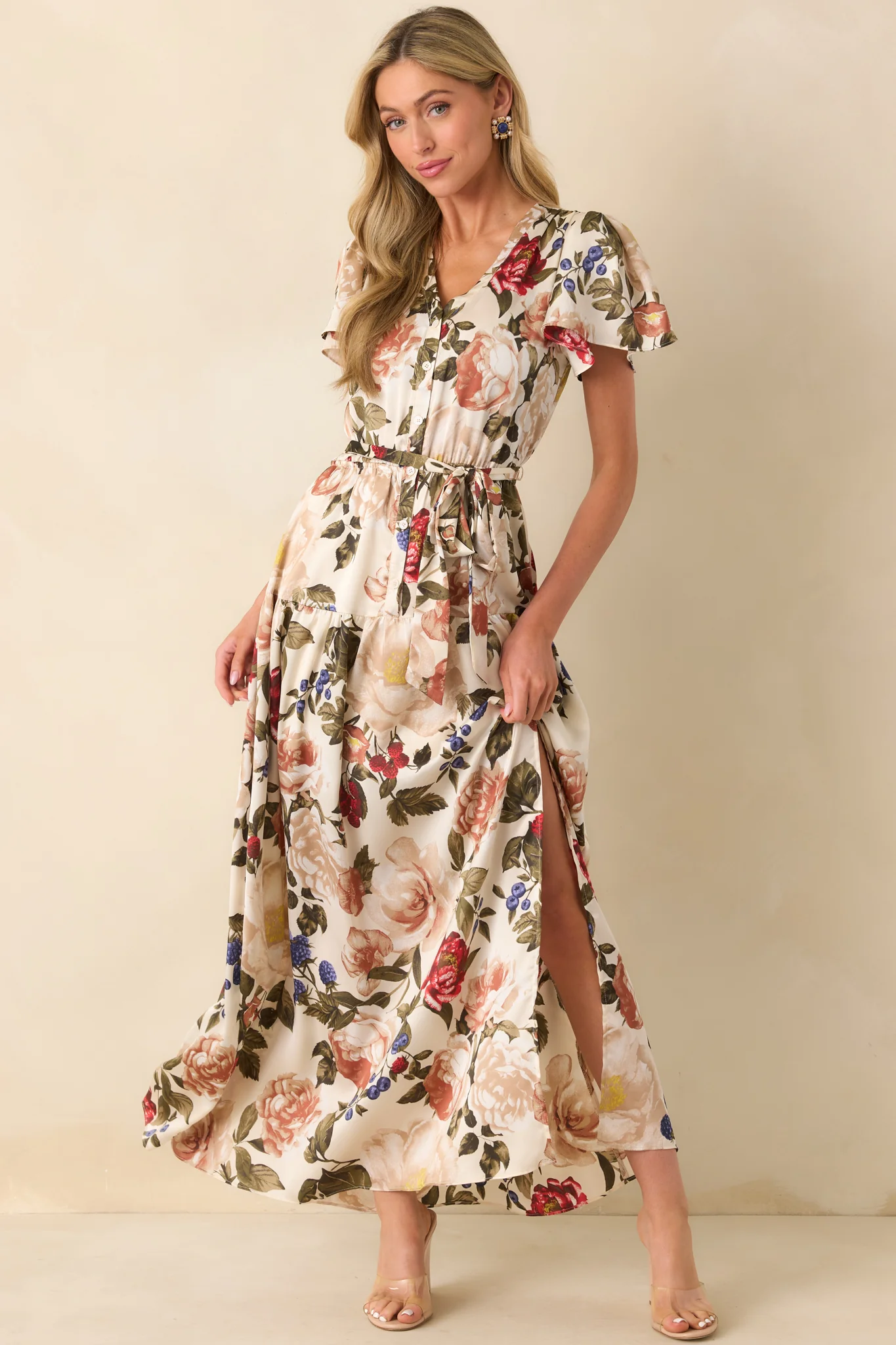 Staying True Ivory Multi Floral Print Satin Maxi Dress