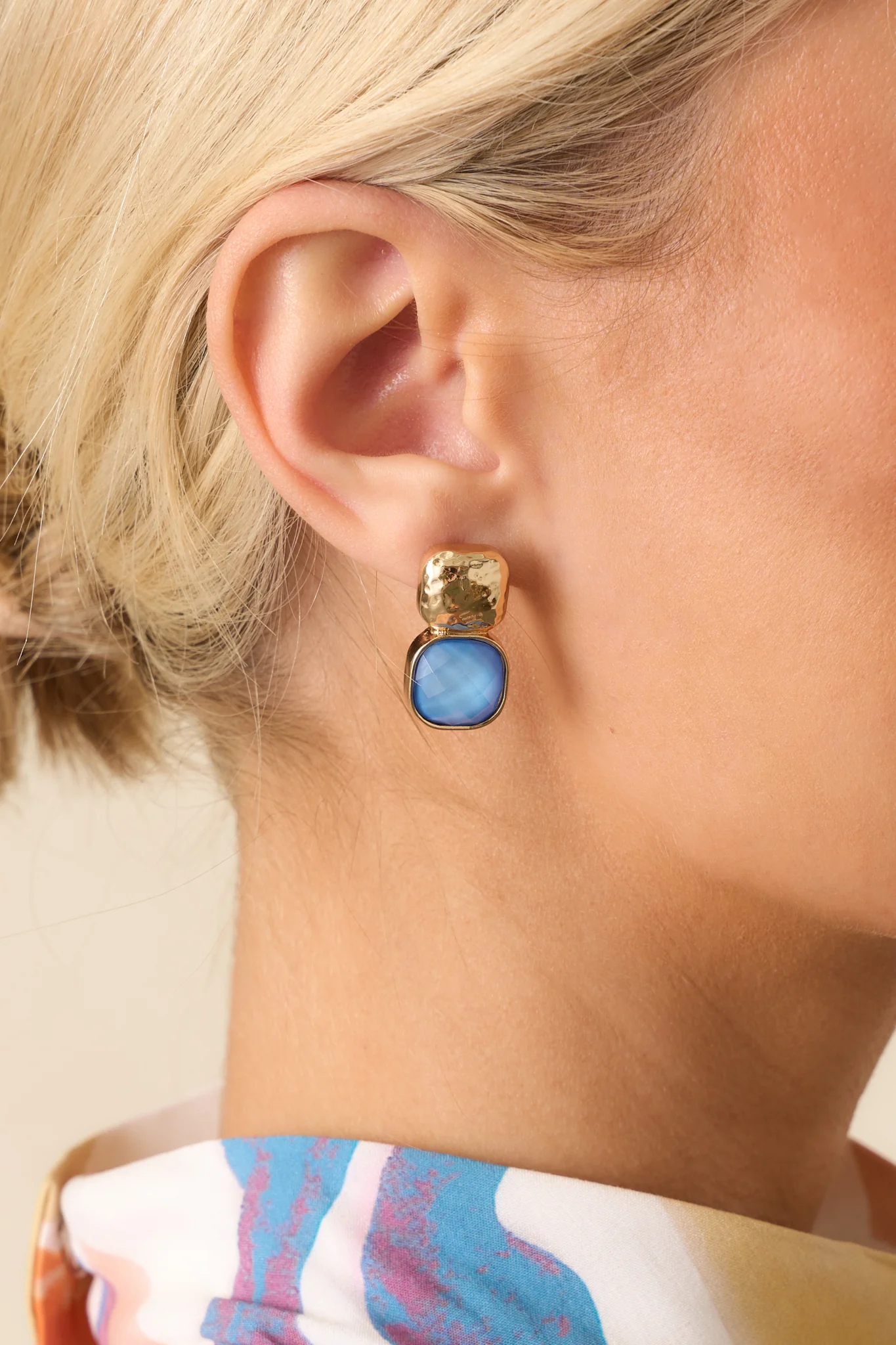 It's The Small Things Gold Textured Blue Stone Earrings