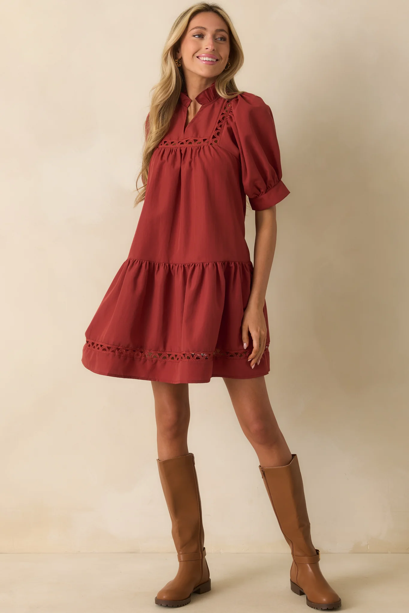 Feels Just Right Brick Red Puff Sleeve Embroidered Eyelet Mini Dress