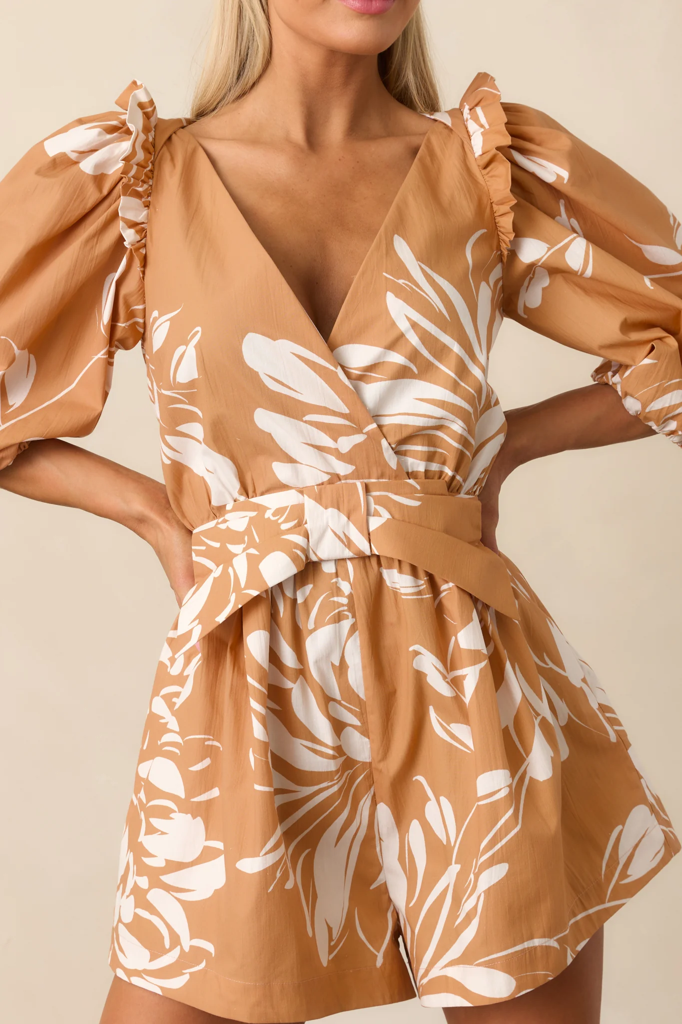 Fawn Brown Multi Floral Print Cotton Romper