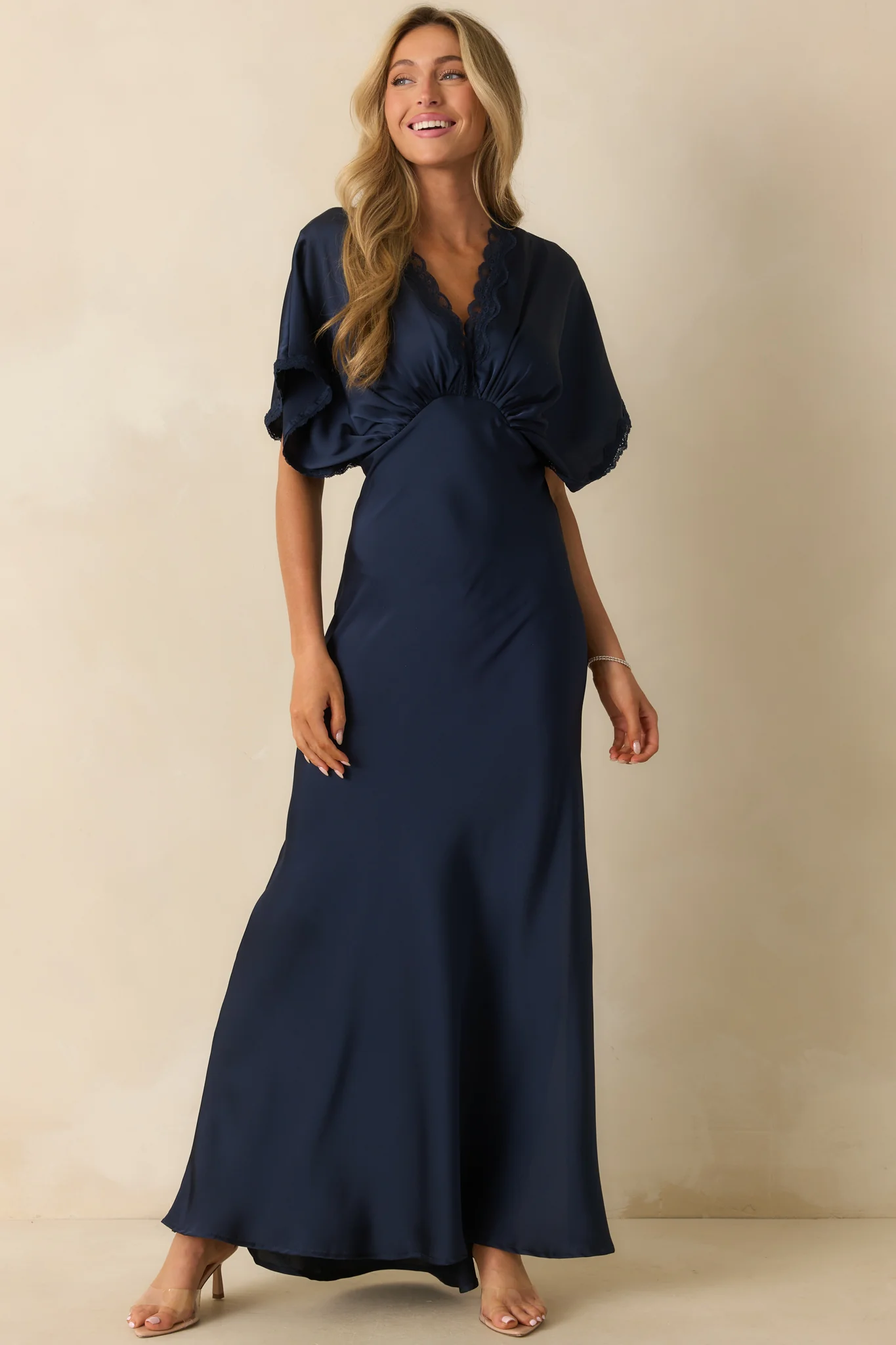 All The Right Reasons Navy Satin Lace Trim Maxi Dress