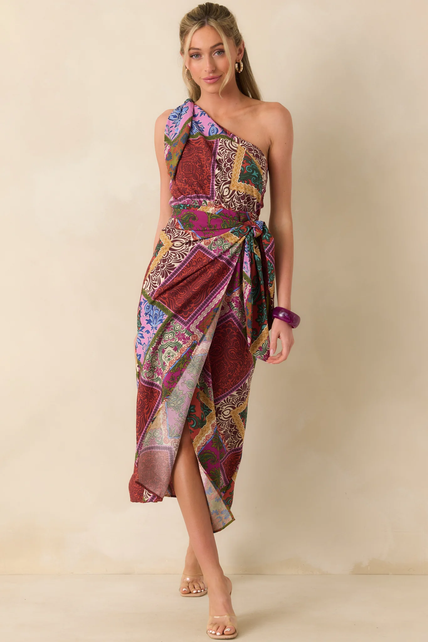 It's All Settled Red Multi Patchwork Print One Shoulder Maxi Dress