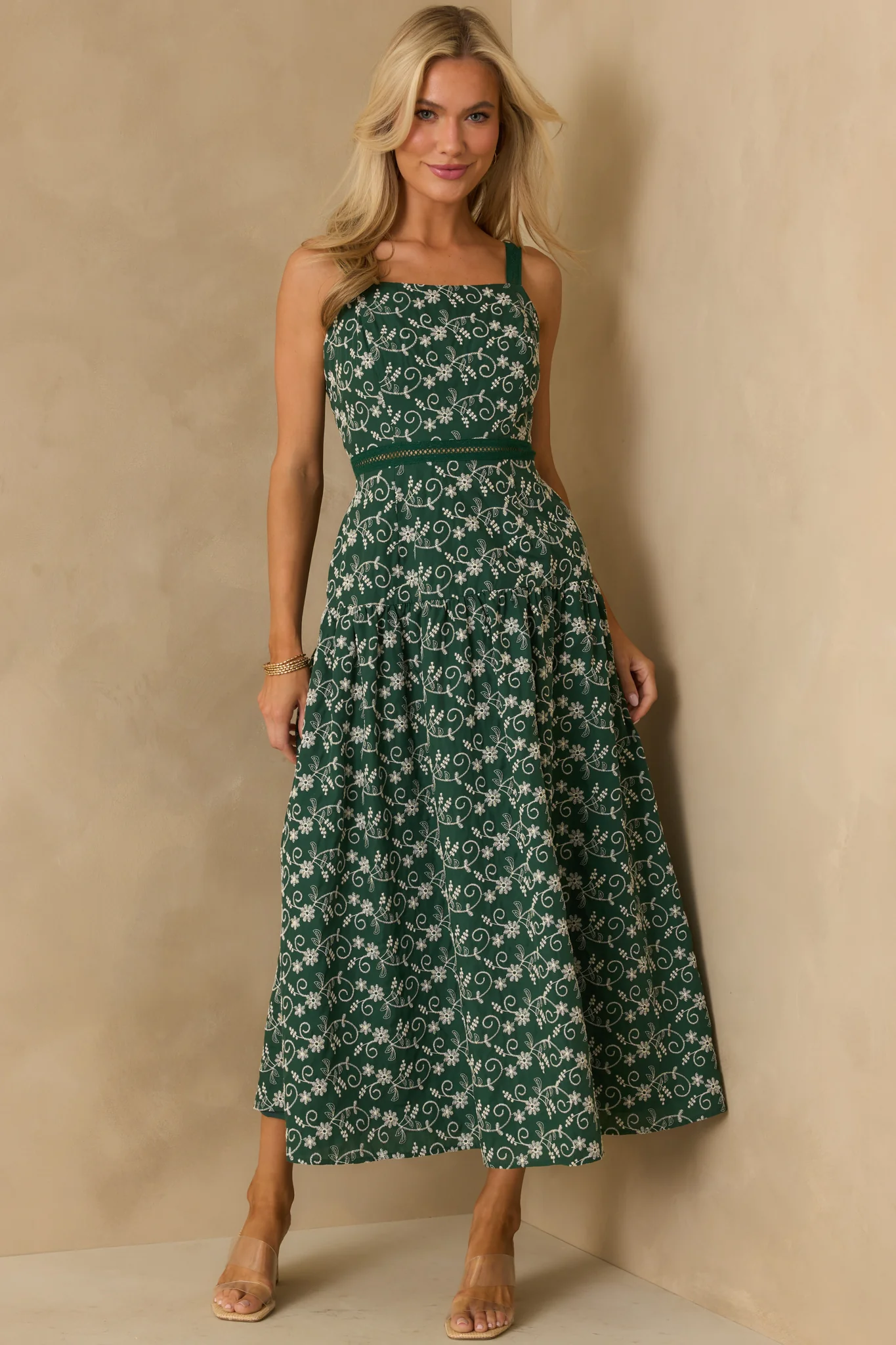 On My Side Hunter Green Floral Embroidered Eyelet Maxi Dress