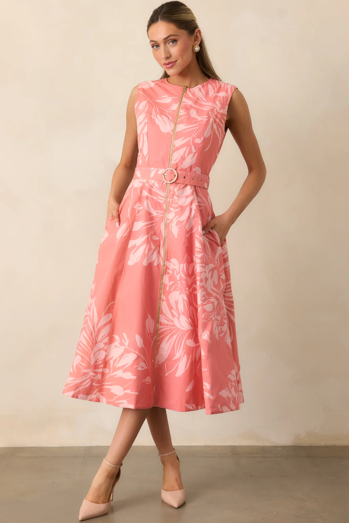 Rose Pink Floral Print Cotton Reversible Midi Dress