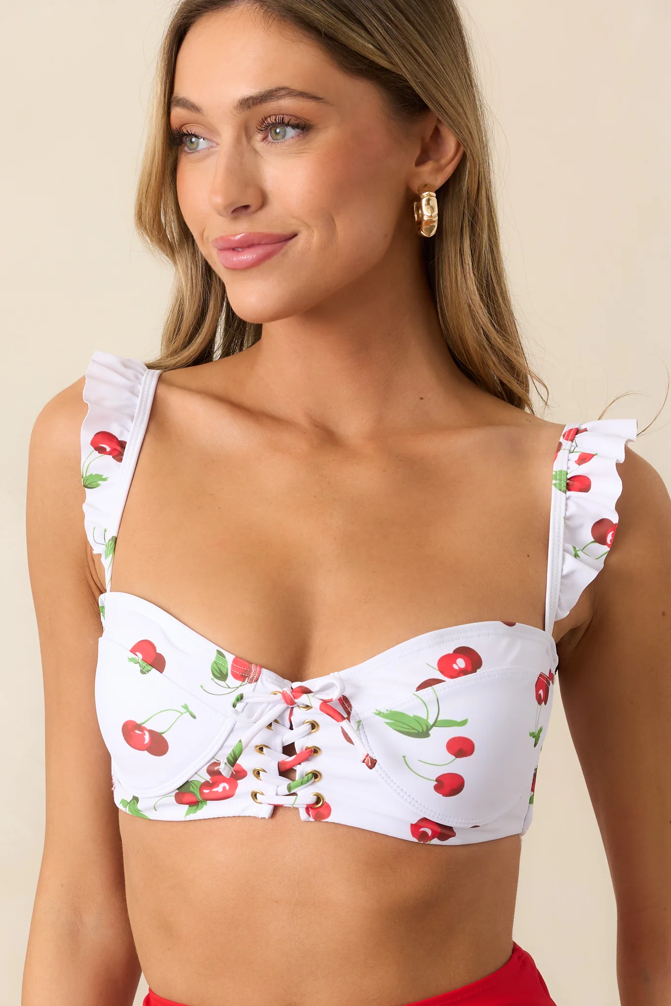 Time To Relax White Cherry Ruffle Lace-Up Bikini Top