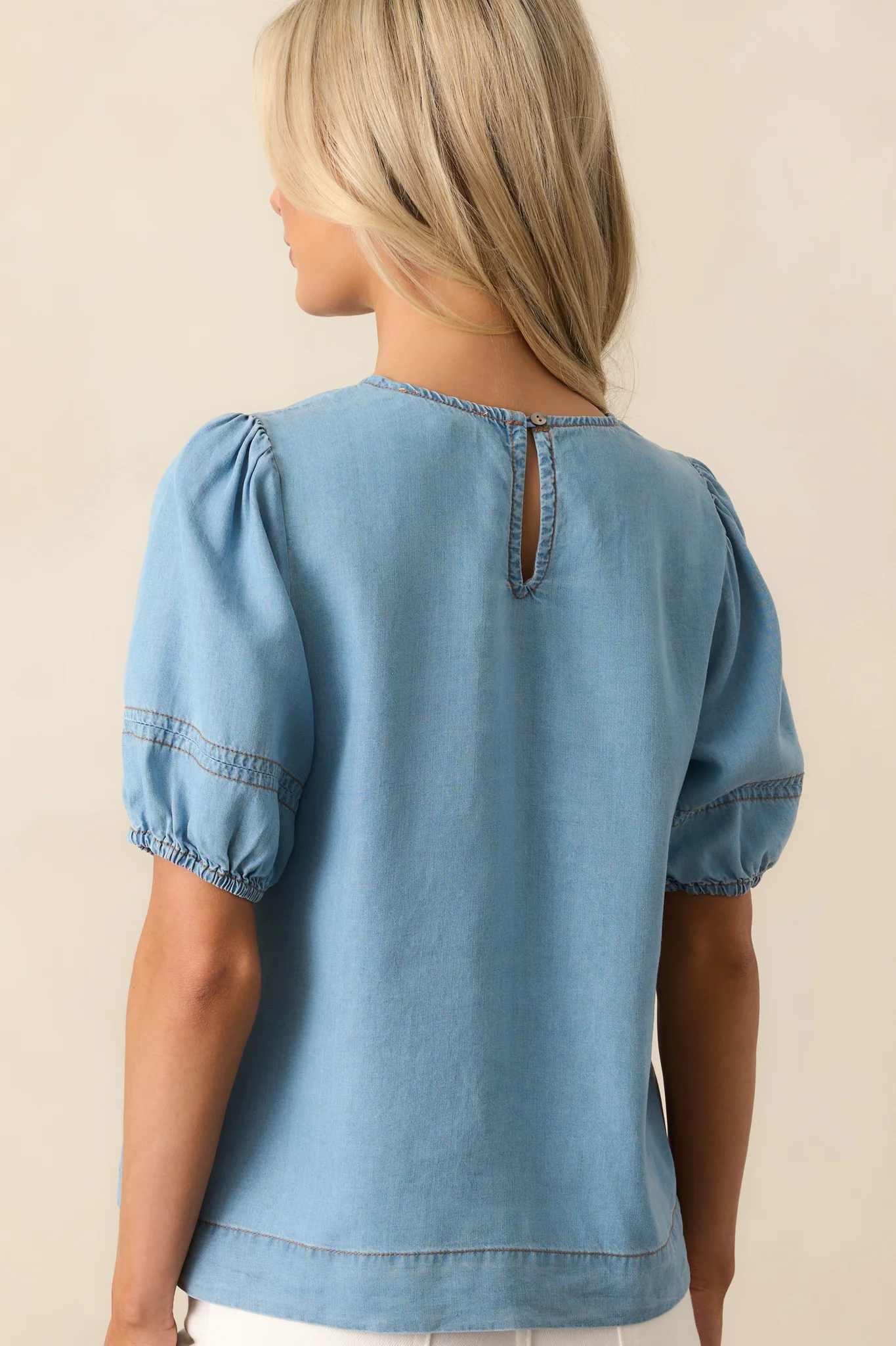 On Second Thought Blue Chambray Puff Sleeve Top