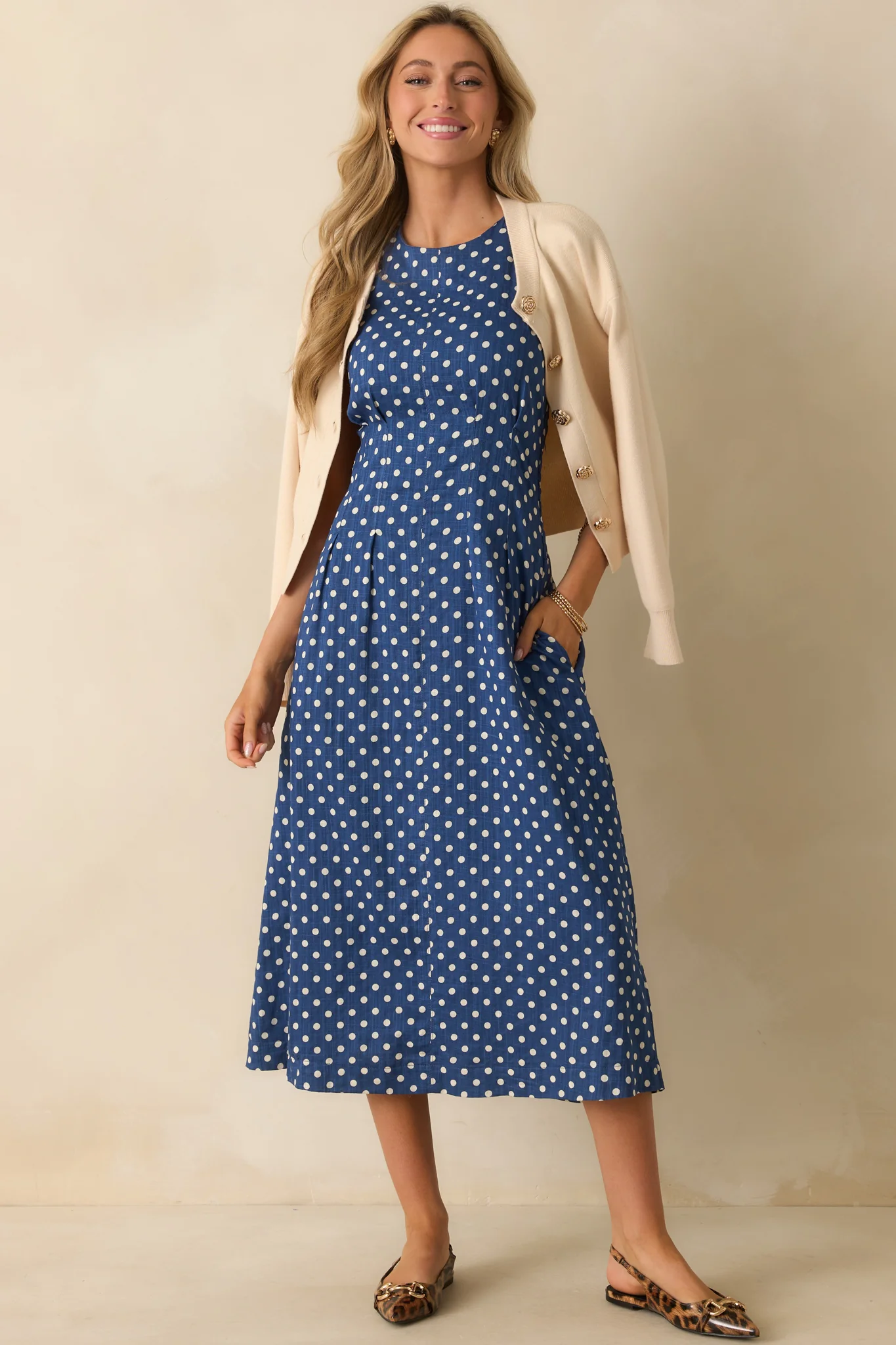 Nothing But Chic Blue Polka Dot Cotton Sleeveless Midi Dress