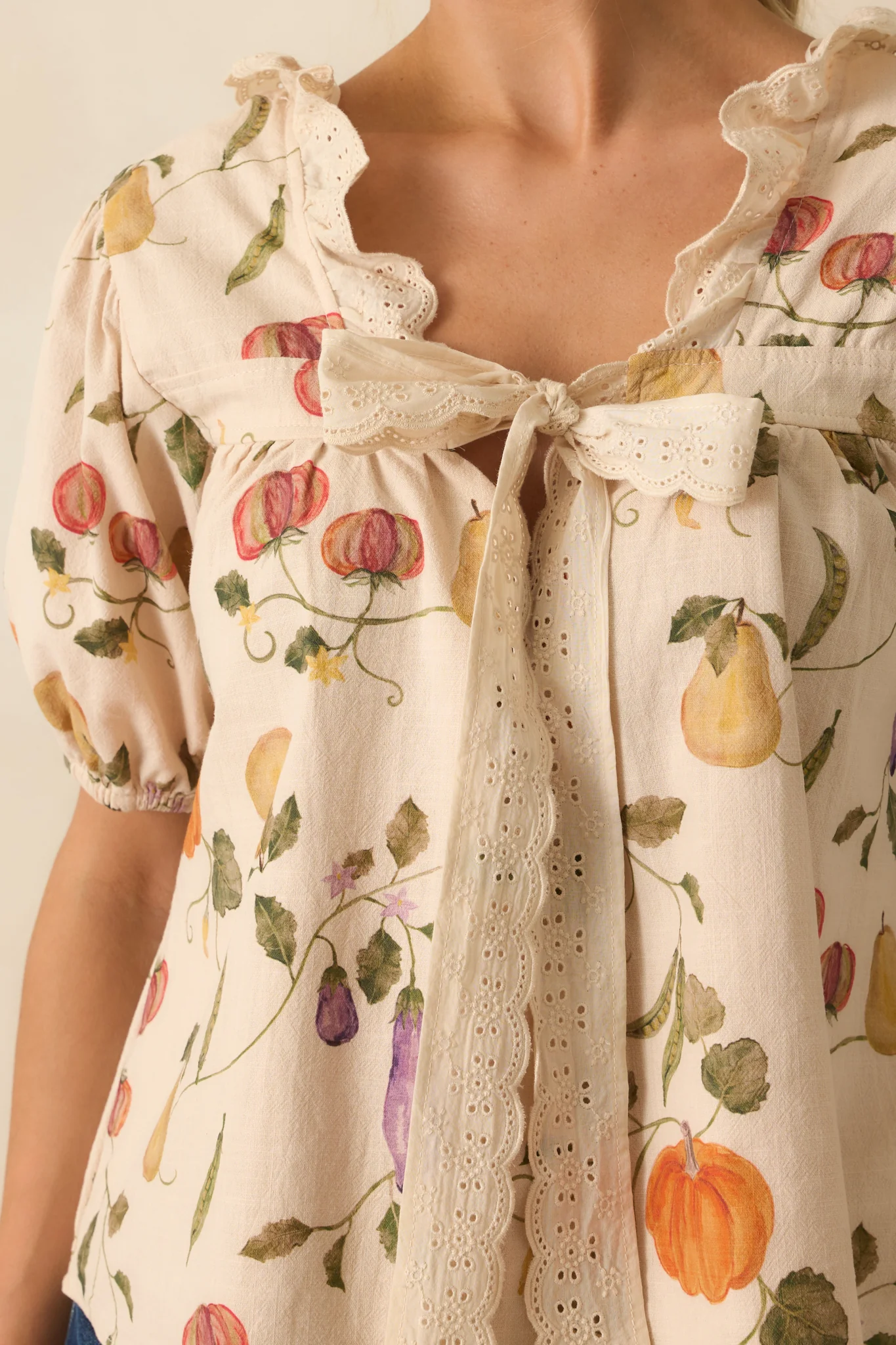 I Meant It Ivory Multi Vegetable Print Cotton Puff Sleeve Top