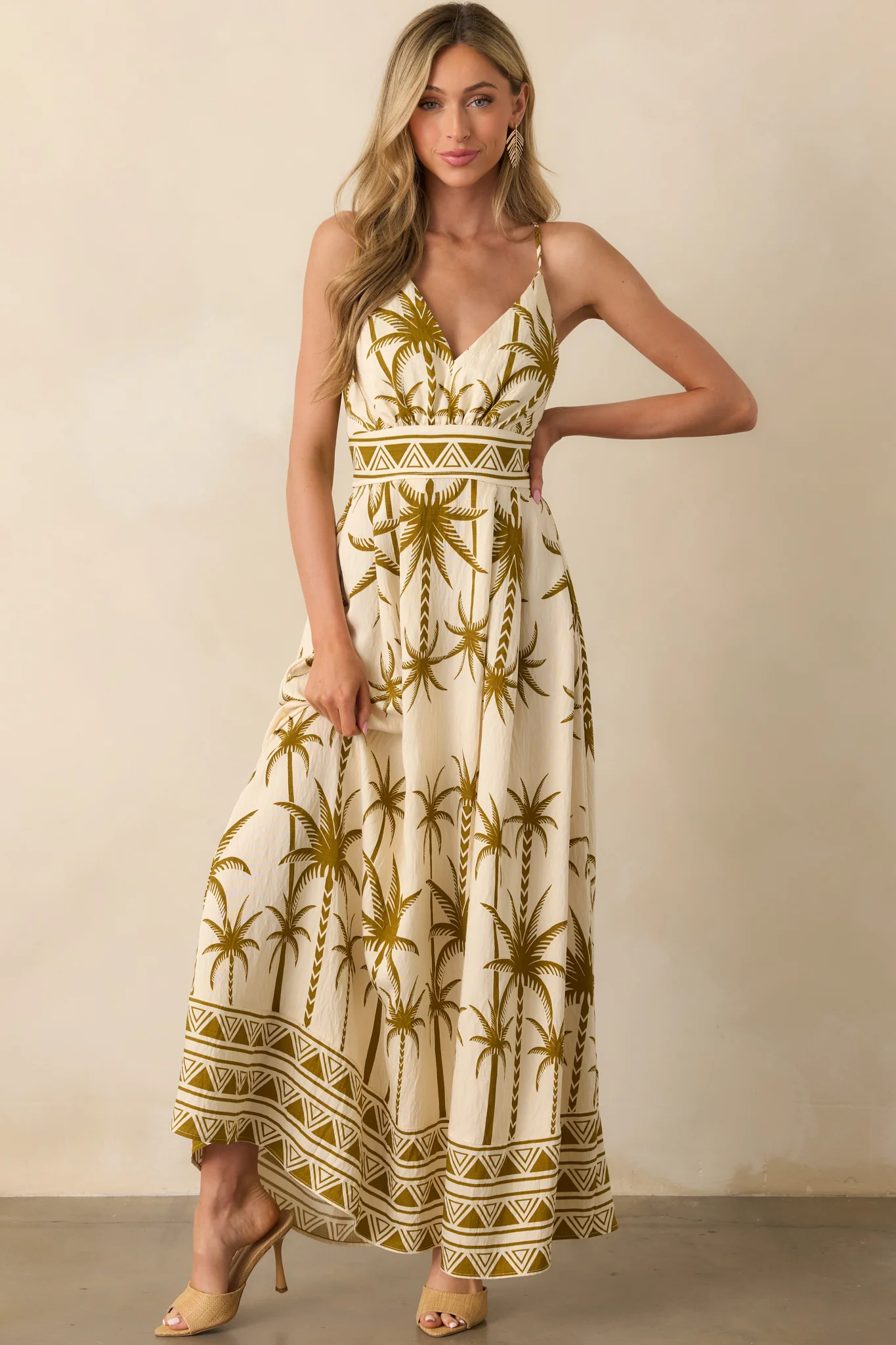 Found My Happy Place Tan Tropical Print Open Back Maxi Dress