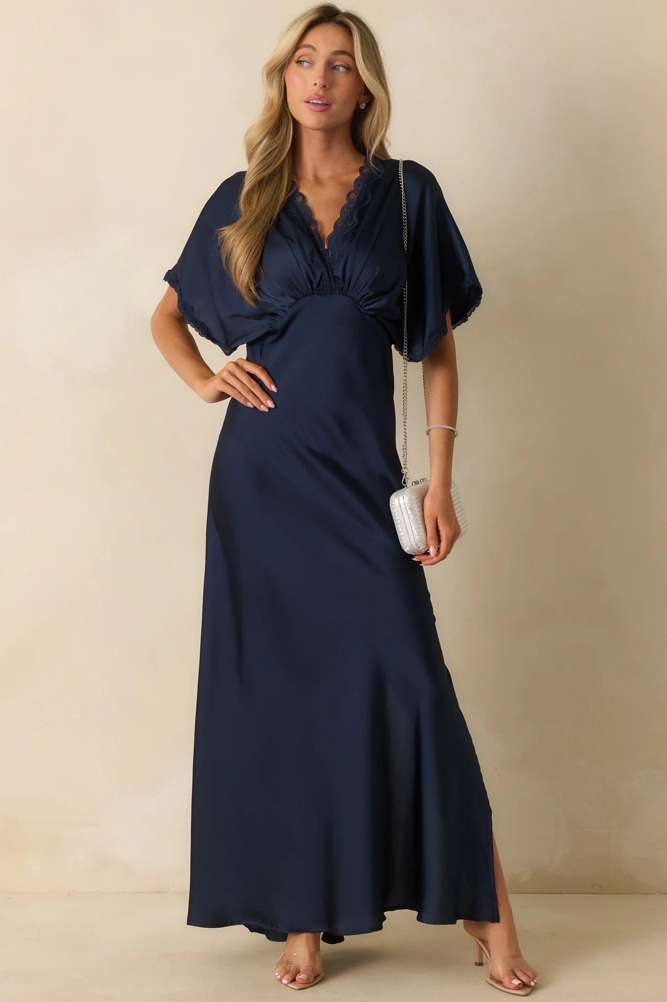 All The Right Reasons Navy Satin Lace Trim Maxi Dress