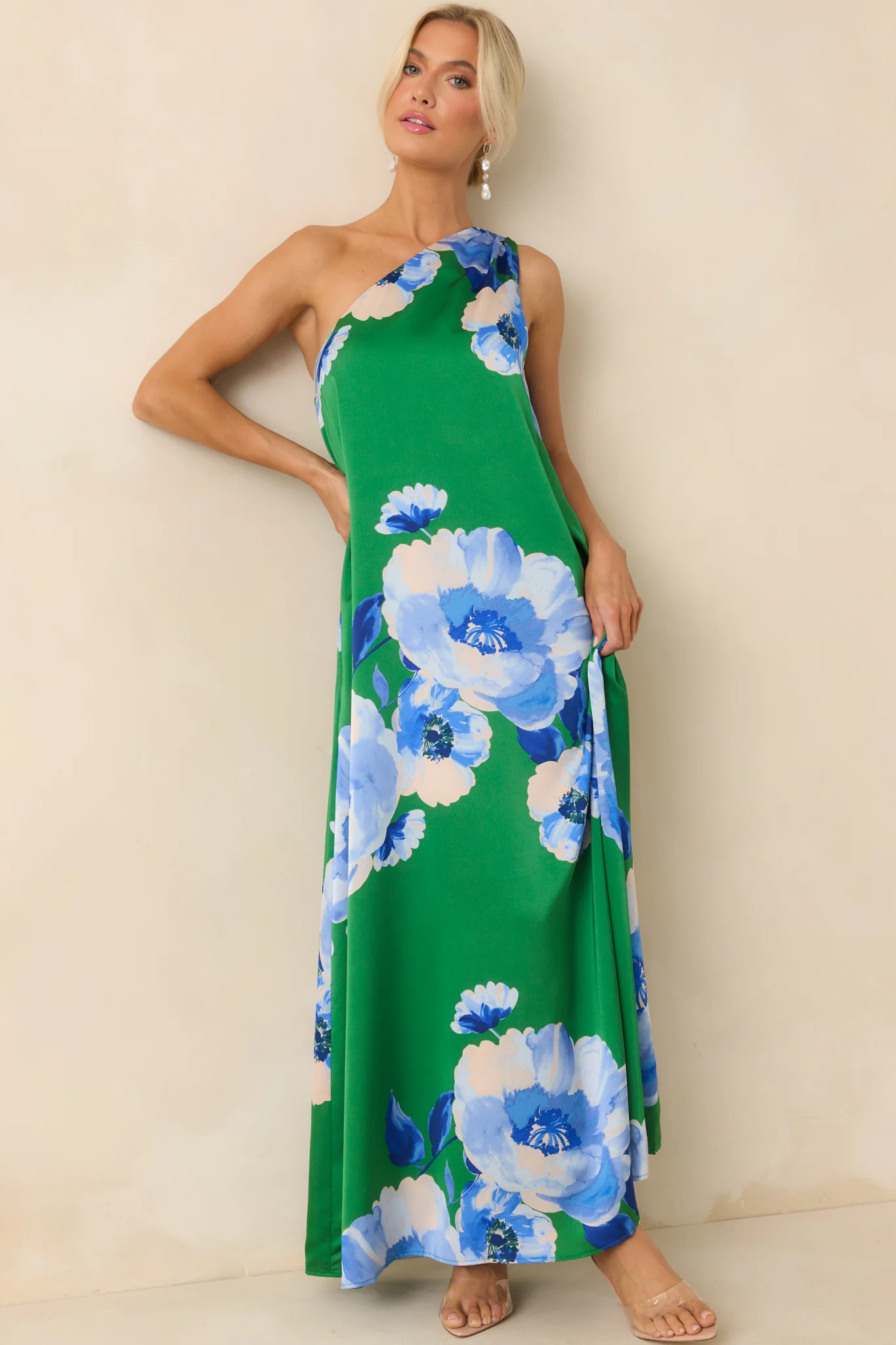 No Introduction Green Multi Floral Print Satin One Shoulder Maxi Dress