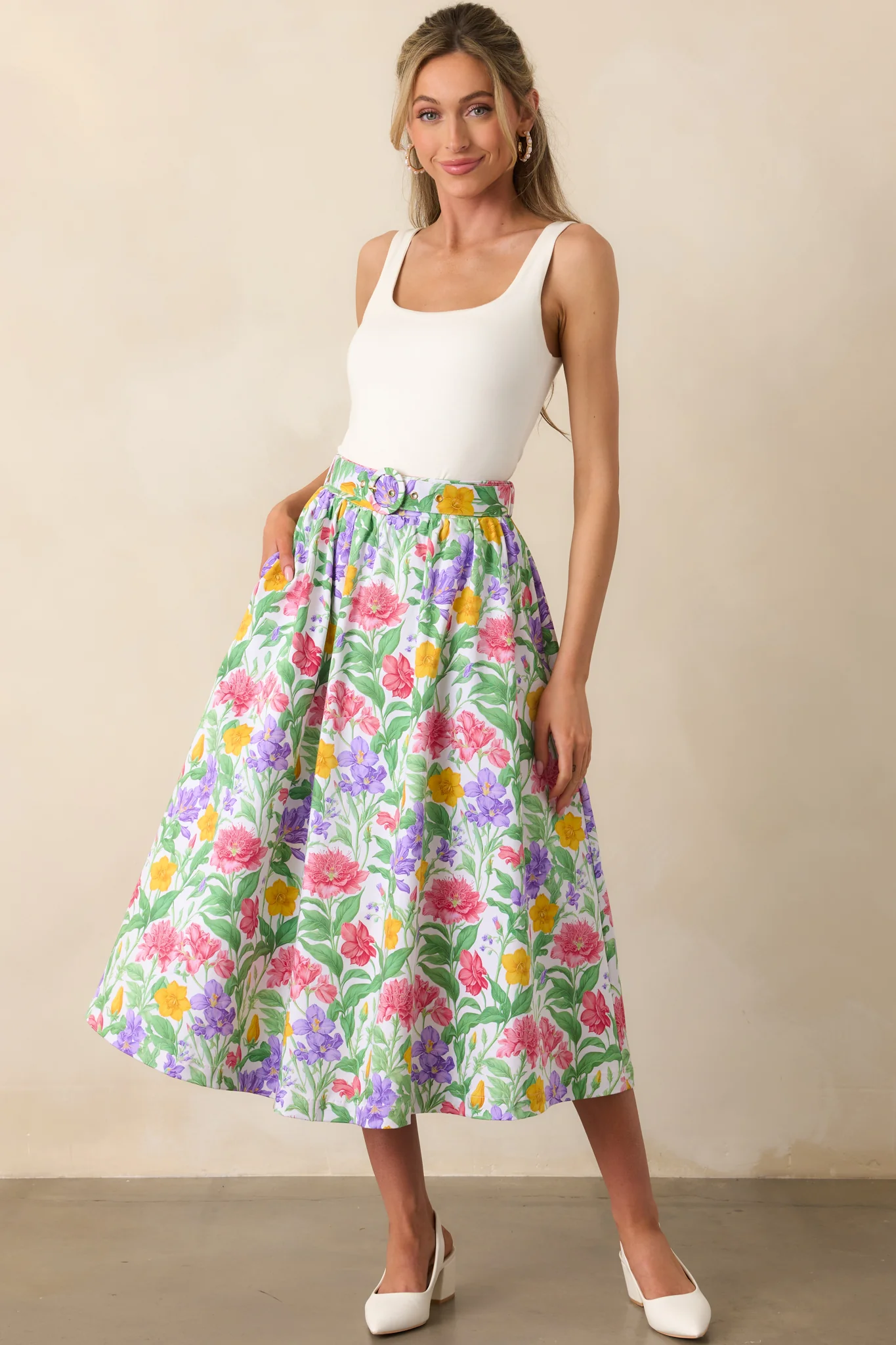 Thena Garden Party Floral Cotton Belted Midi Skirt