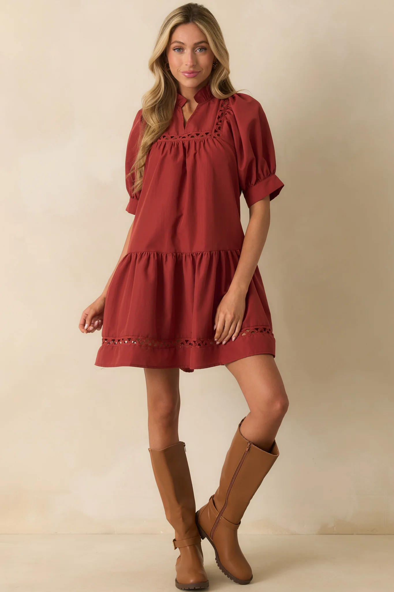 Feels Just Right Brick Red Puff Sleeve Embroidered Eyelet Mini Dress