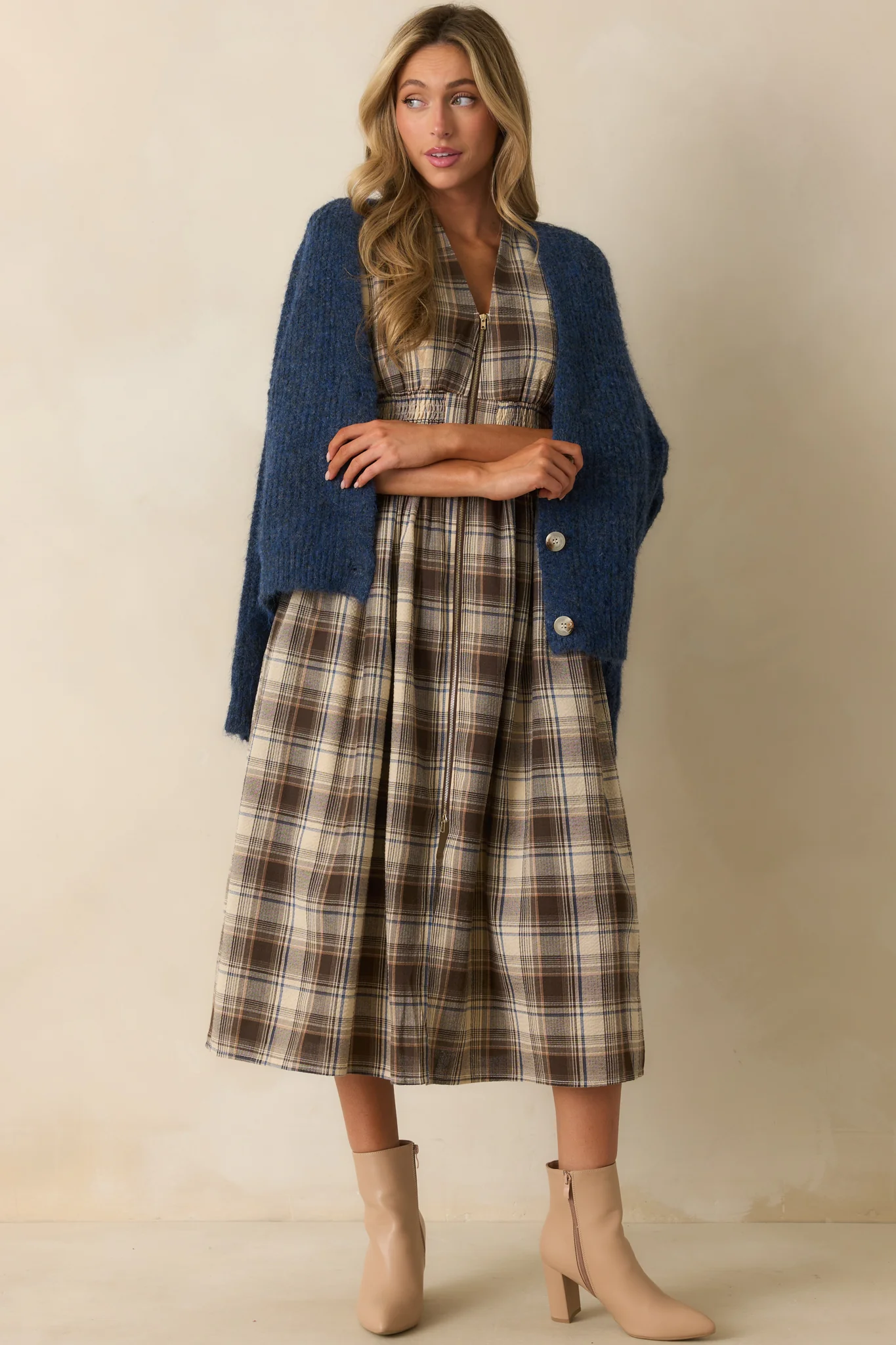 The Evette Mocha Brown Tartan Plaid Cotton Zip Front Midi Dress