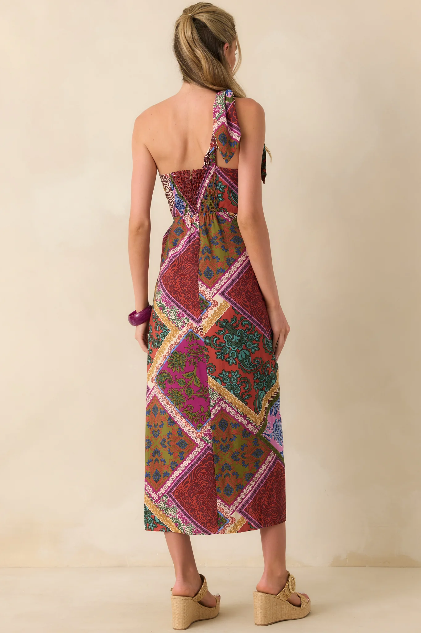 It's All Settled Red Multi Patchwork Print One Shoulder Maxi Dress