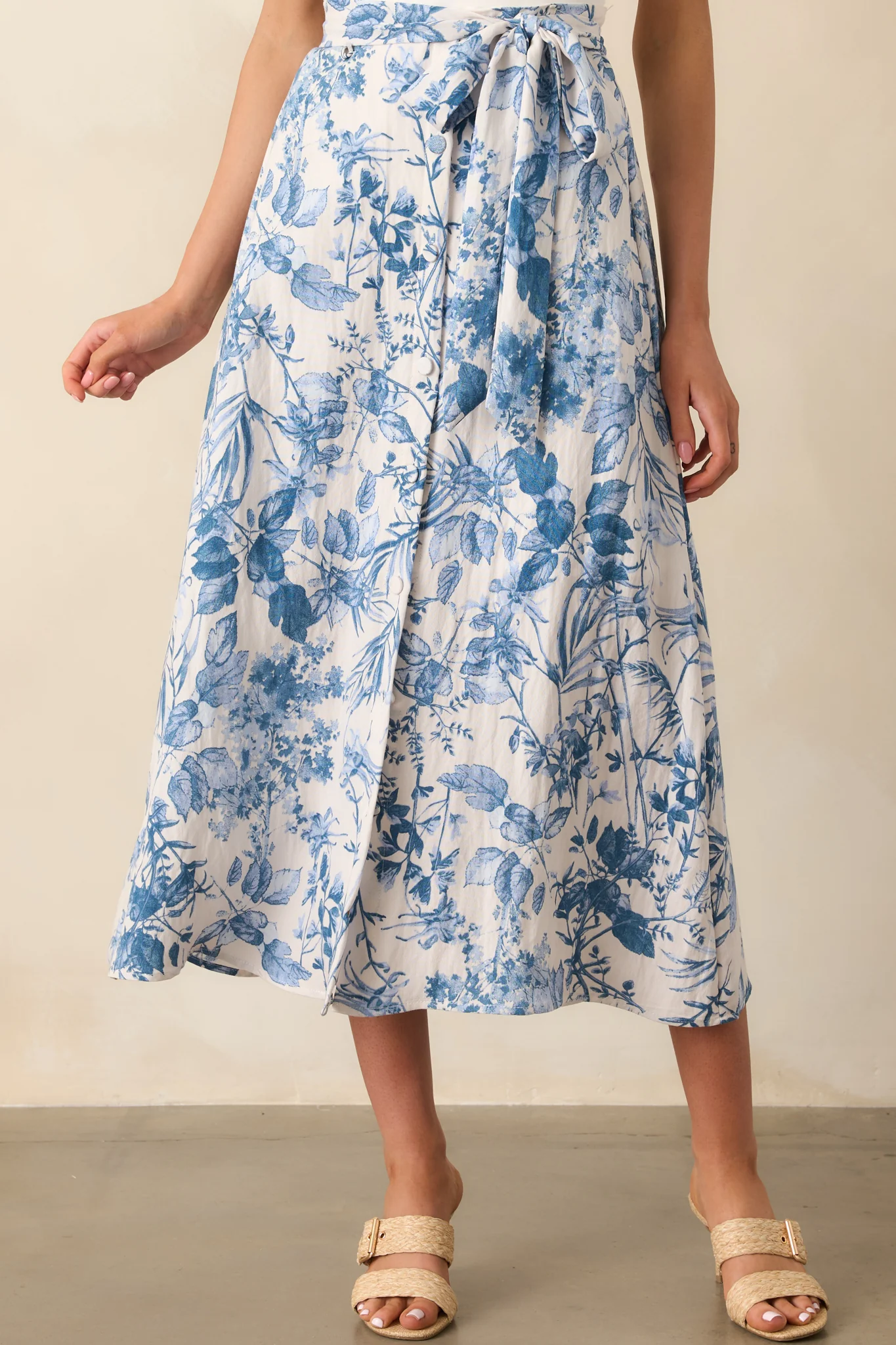 Don't Need A Reason Blue Floral Rayon Belted Midi Skirt