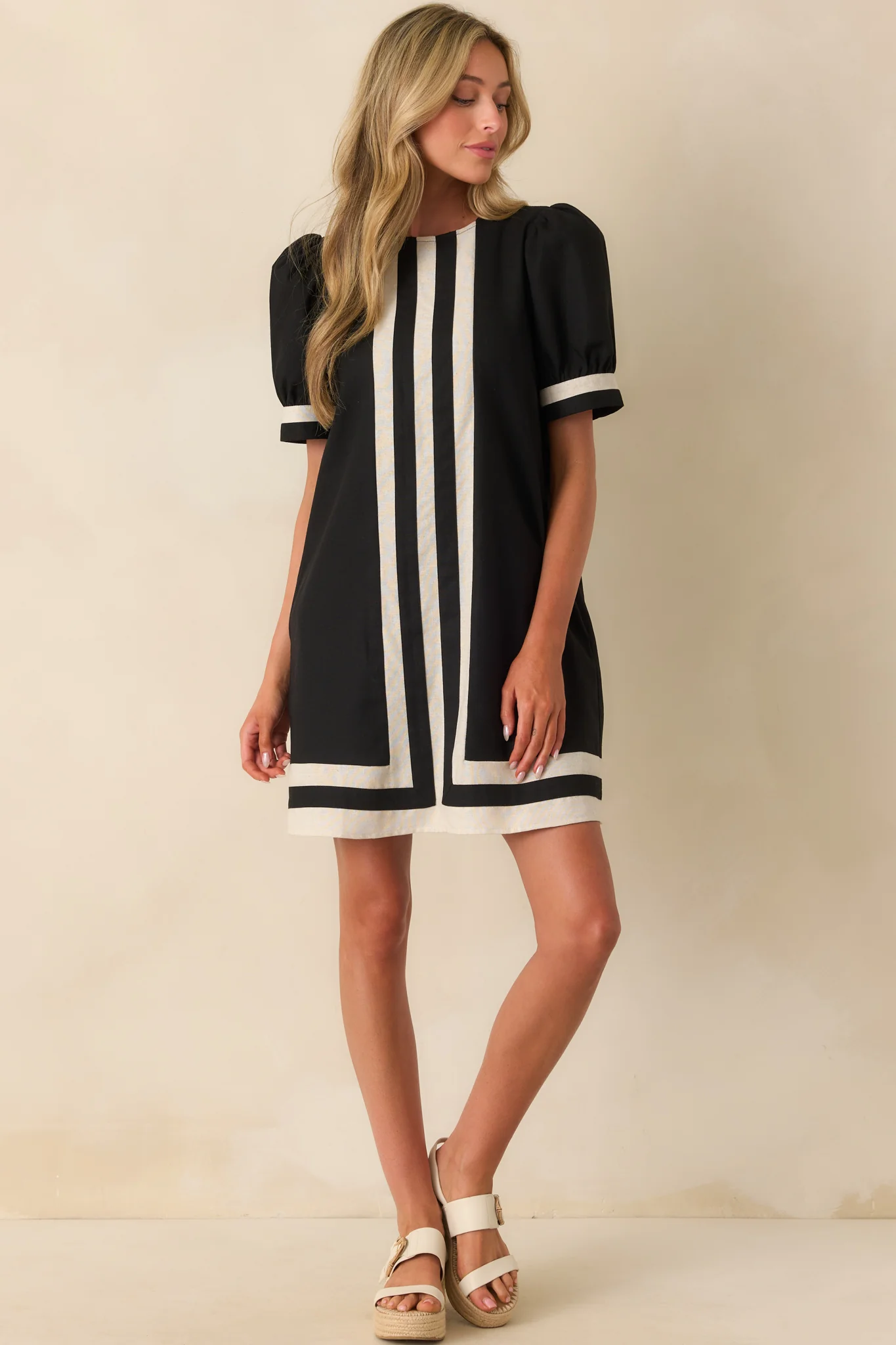 Here For This Black Linen Blend Contrast Trim Mini Dress