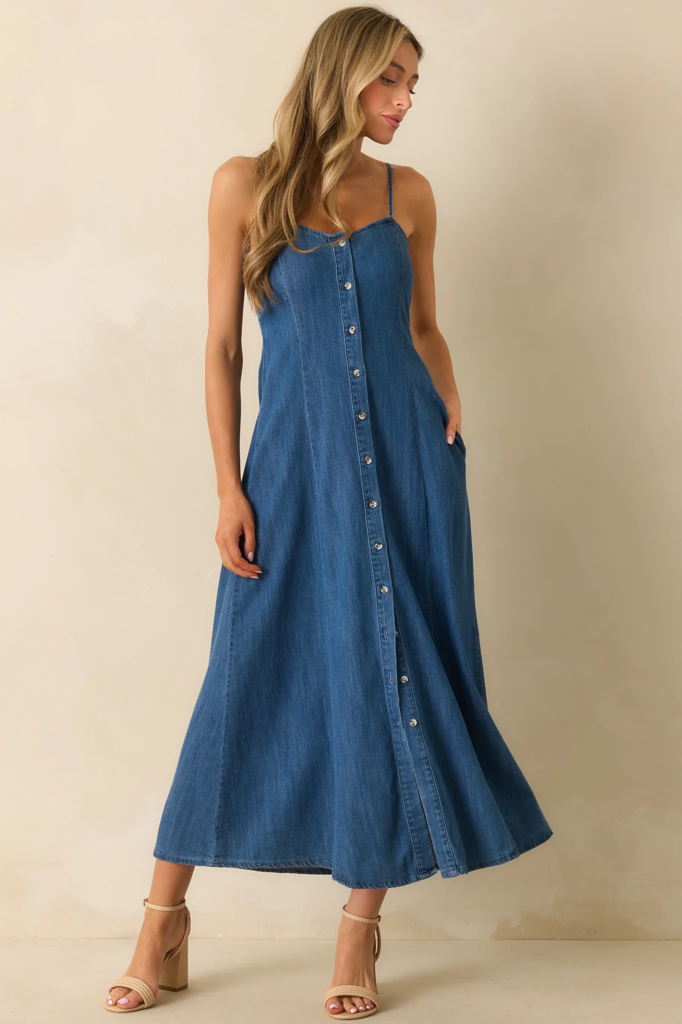 Z Supply Medium Wash Cotton Angel Eyes Denim Midi Dress