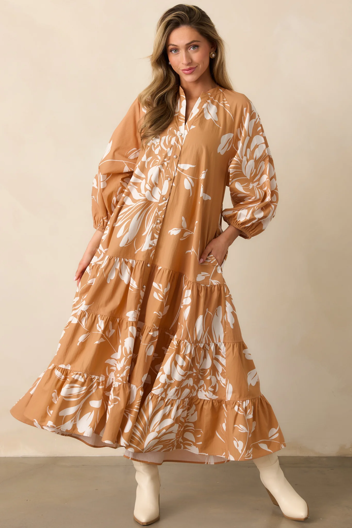 Fawn Brown Multi Floral Print Cotton Maxi Dress