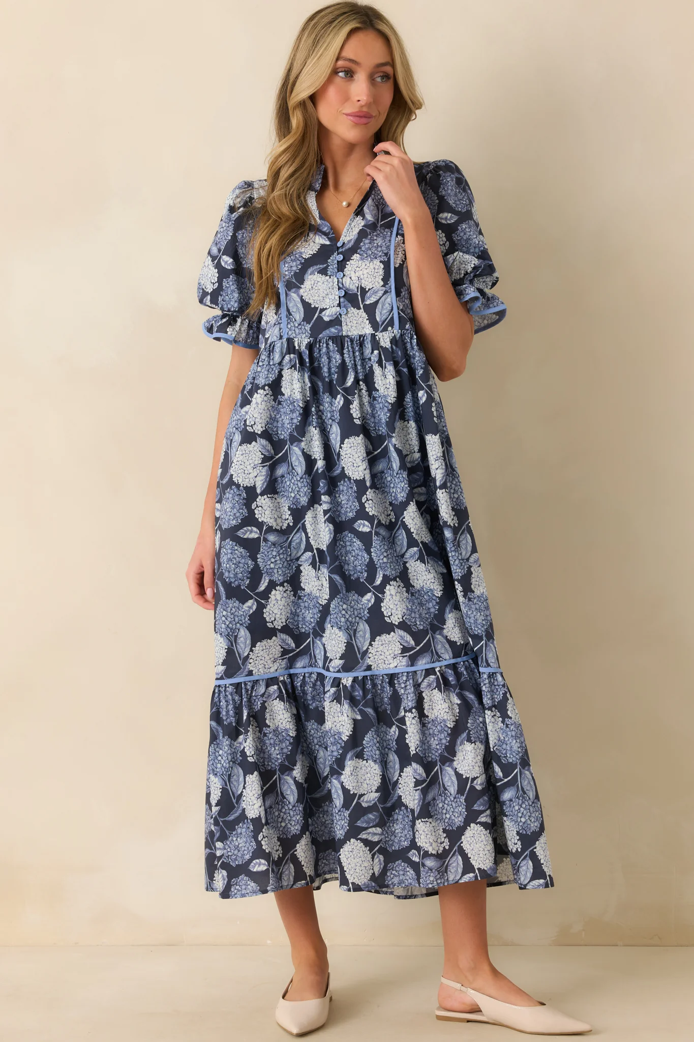 Setting The Pace Blue Hydrangea Floral Print Cotton Maxi Dress