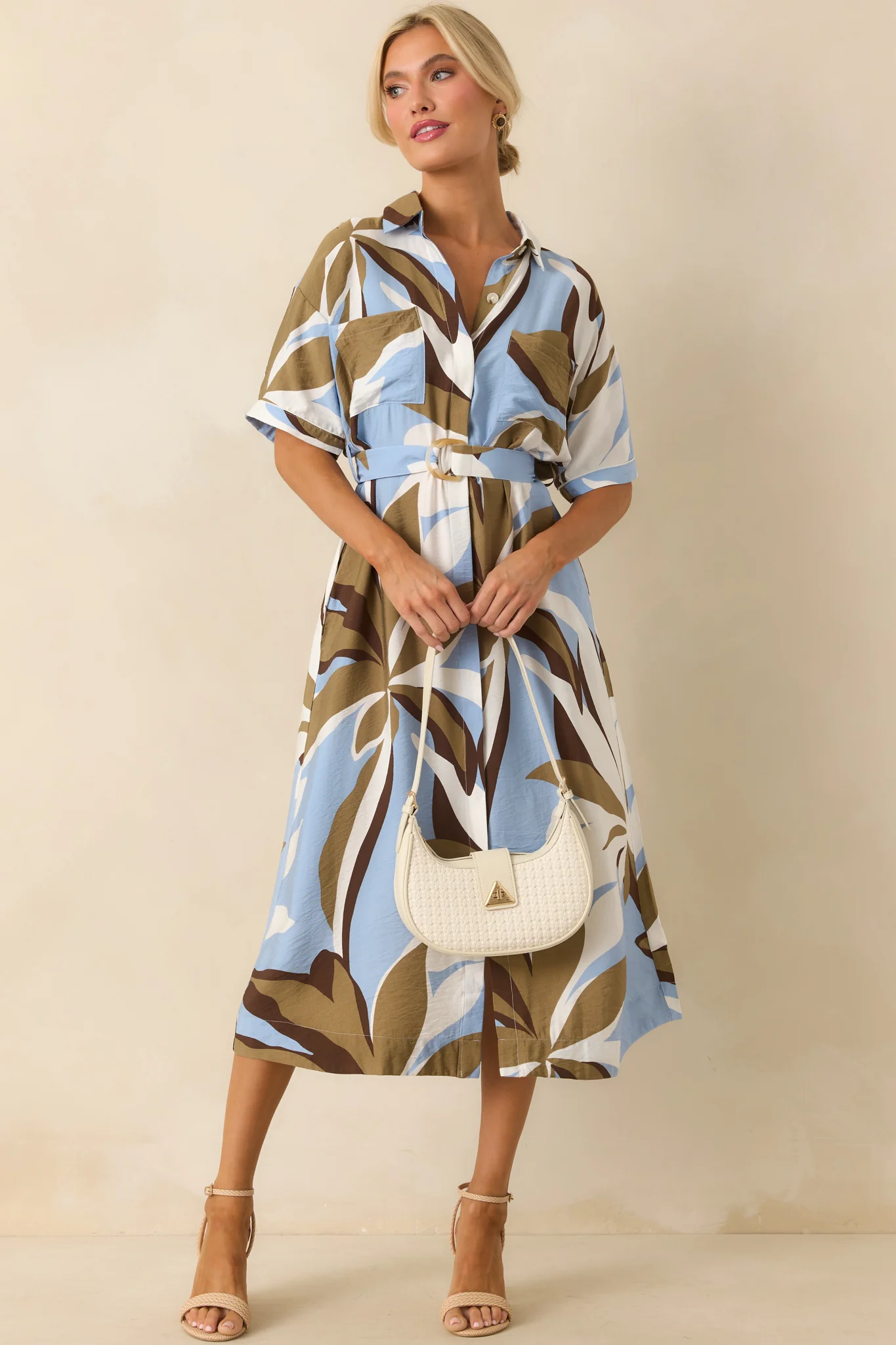 Staple The Label Blue Abstract Floral Print Maeve Midi Shirt Dress