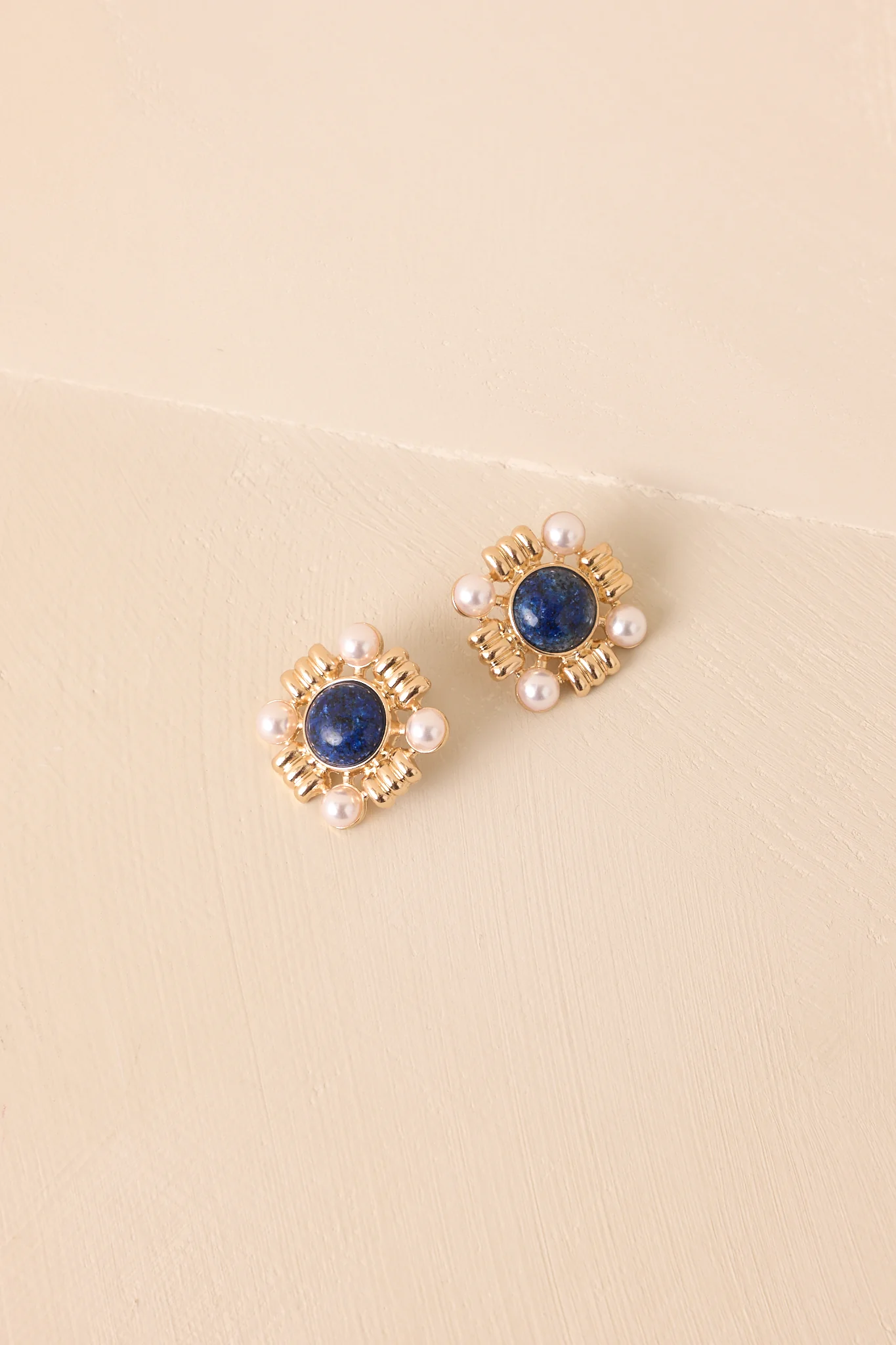 Beyond The Waters Gold Square Navy Stone Earrings