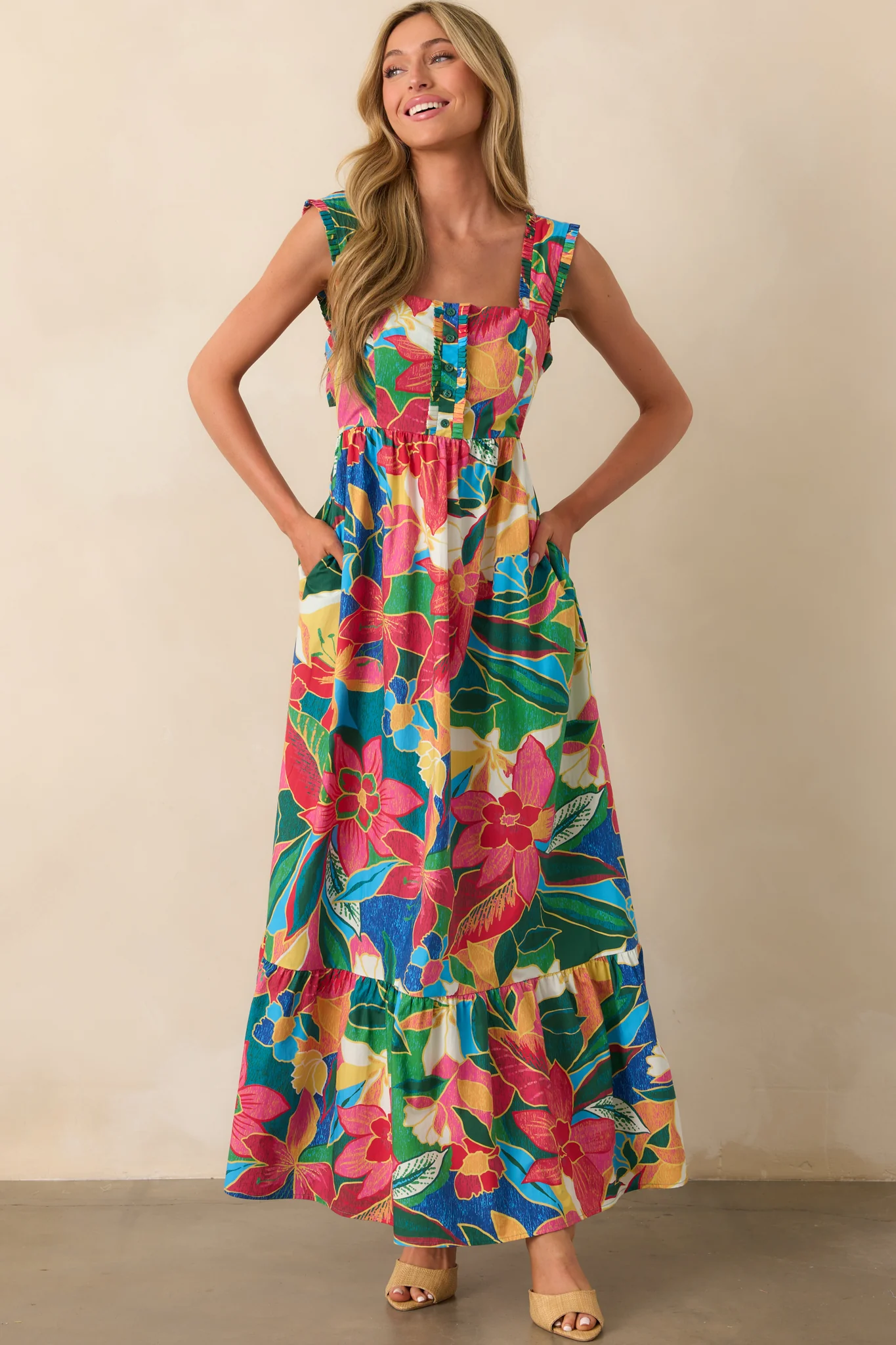 Finding My Oasis Blue Tropical Print Cotton Bow Back Maxi Dress