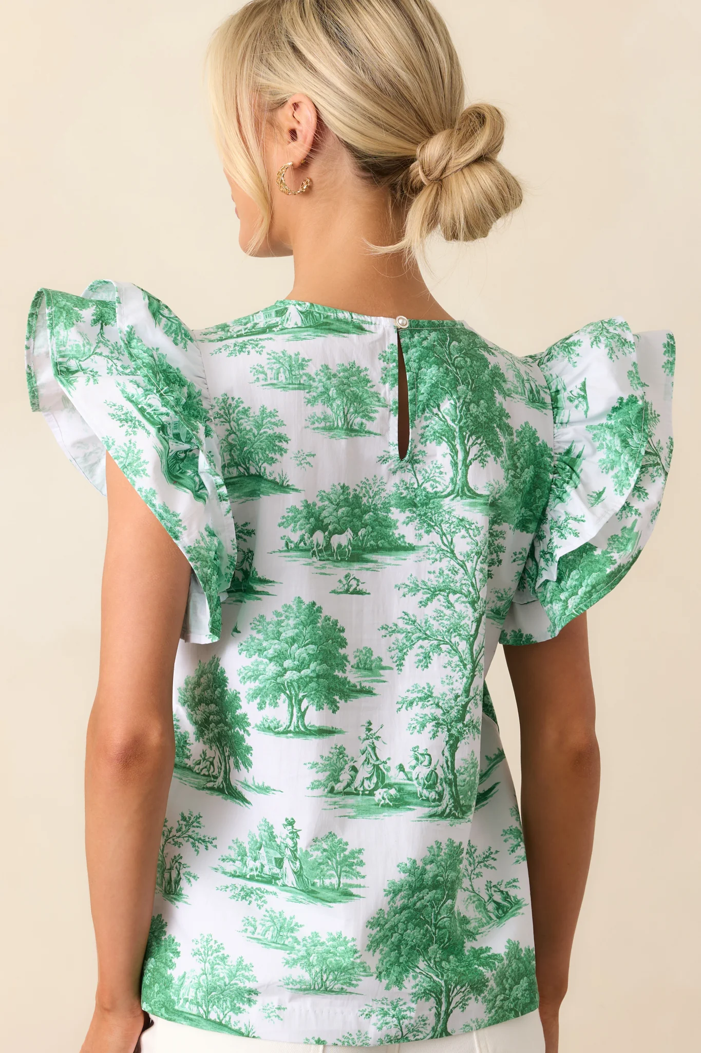 Avery Eden Green Toile Cotton Ruffle Top