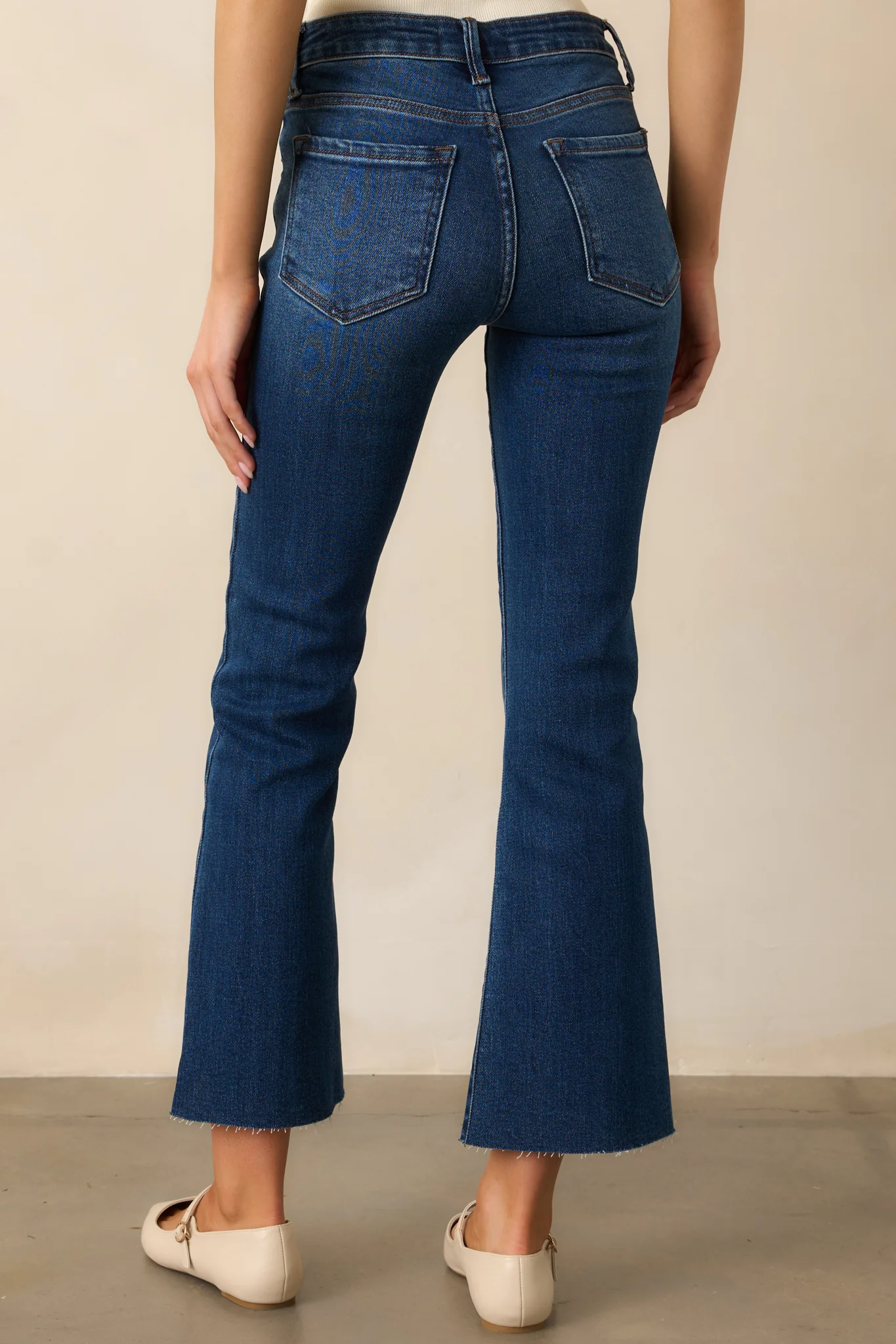 Back And Forth Dark Wash Mid Rise Cropped Flare Jeans