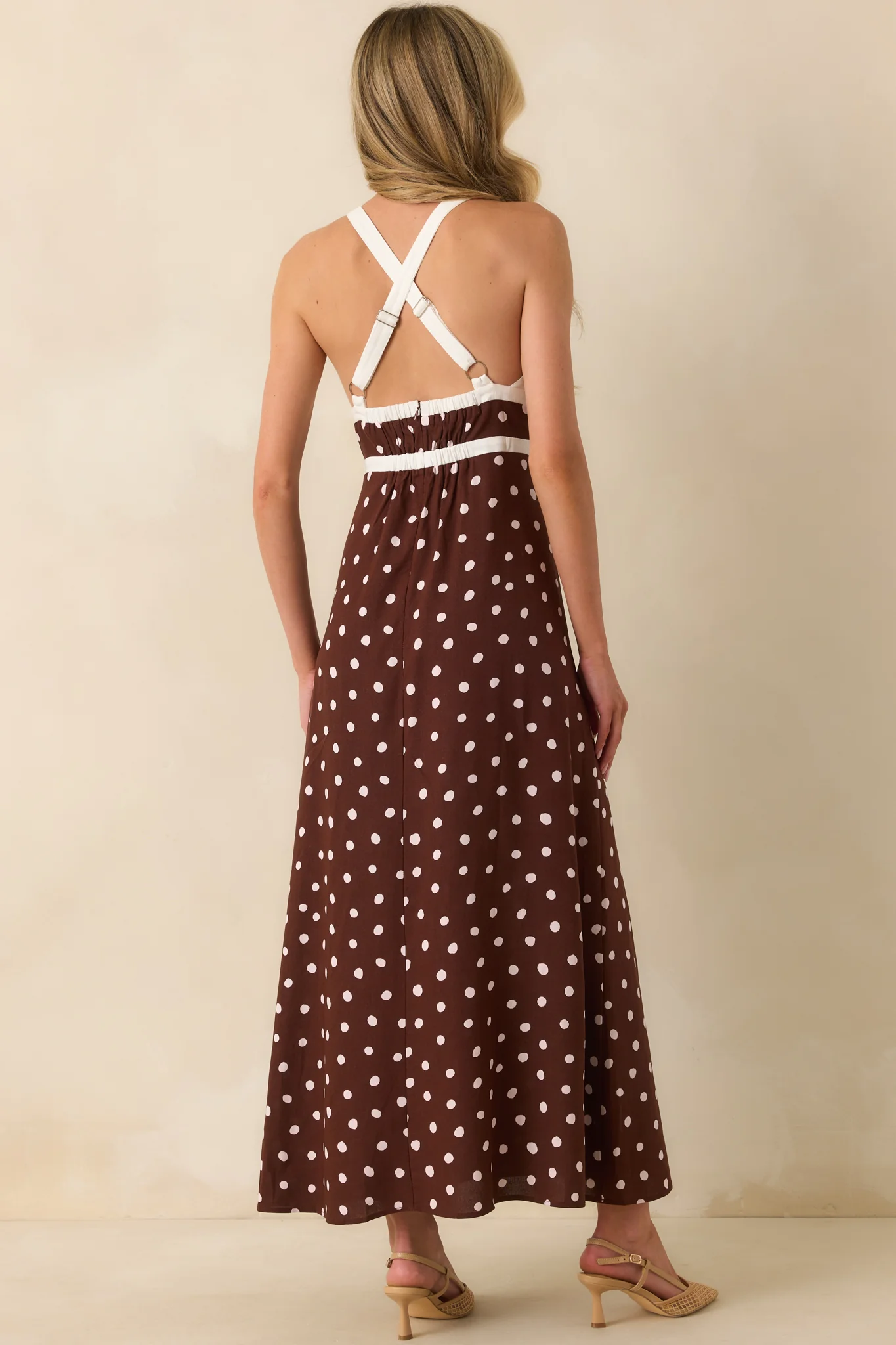 MINKPINK Chocolate Brown Polka Dot Cedar Spot Cross Back Maxi Dress