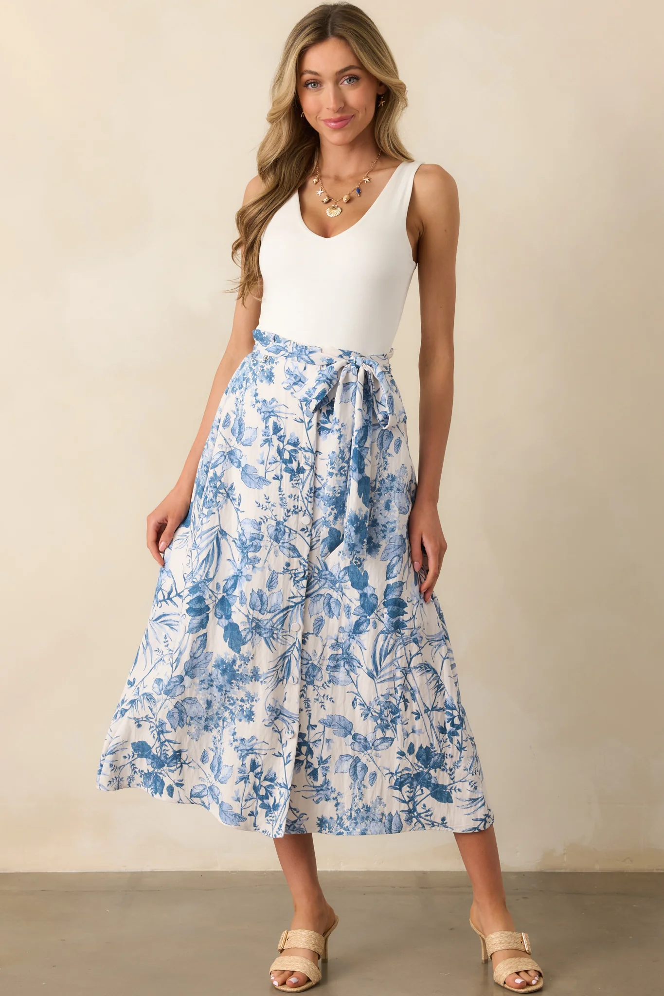 Don't Need A Reason Blue Floral Rayon Belted Midi Skirt