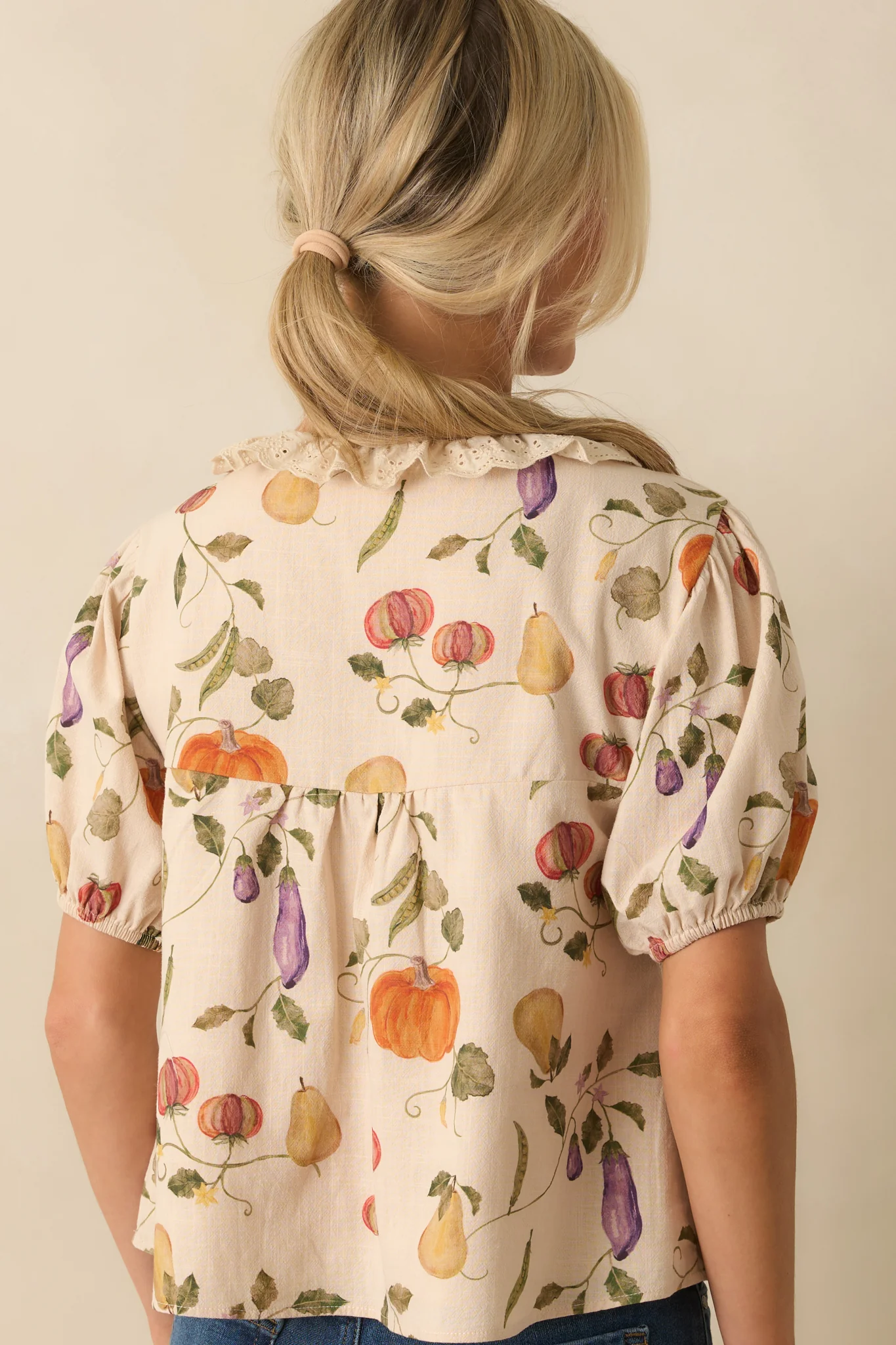 I Meant It Ivory Multi Vegetable Print Cotton Puff Sleeve Top