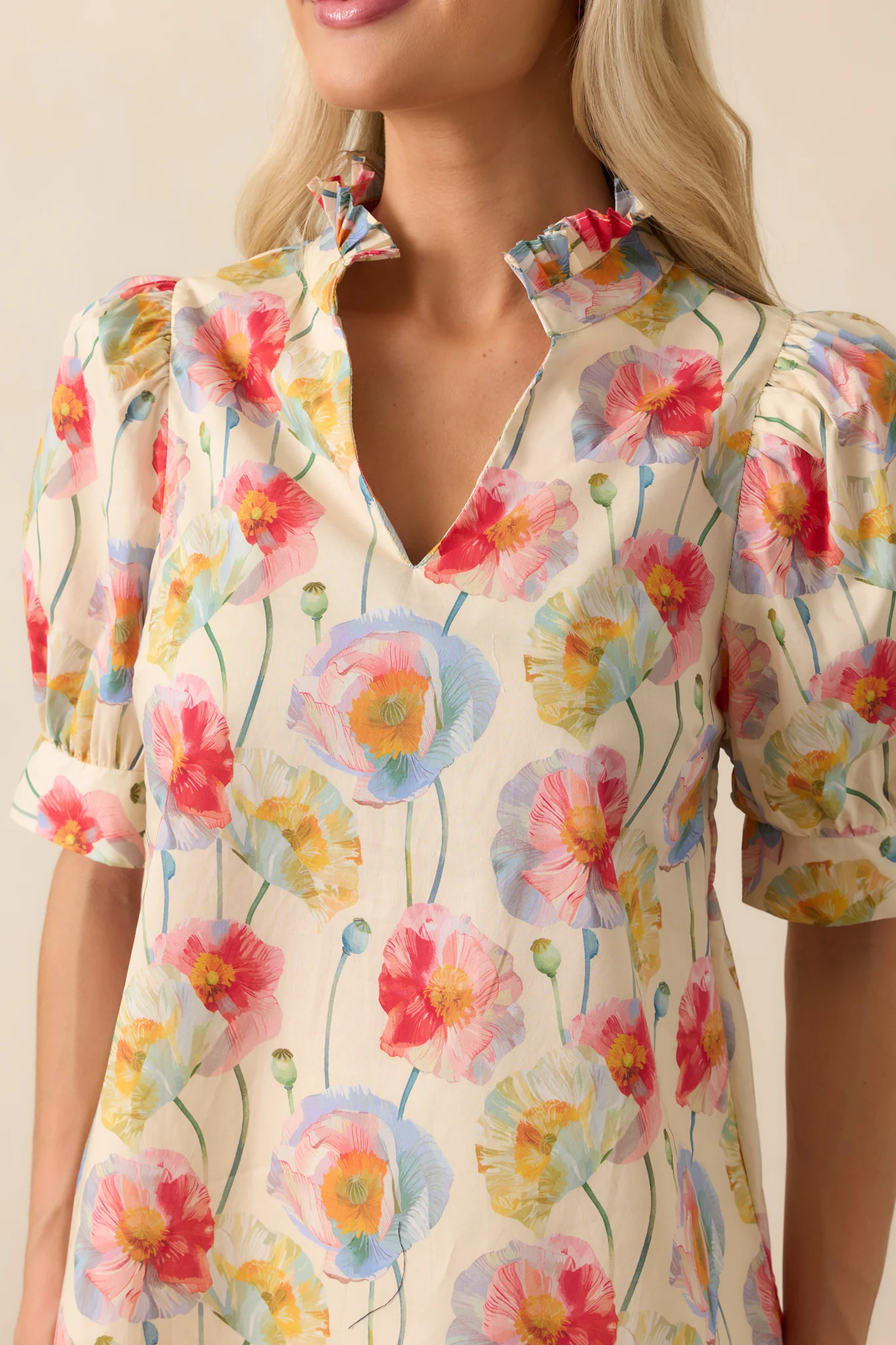 Create Memories Ecru Beige Floral Print Cotton Short Sleeve Top