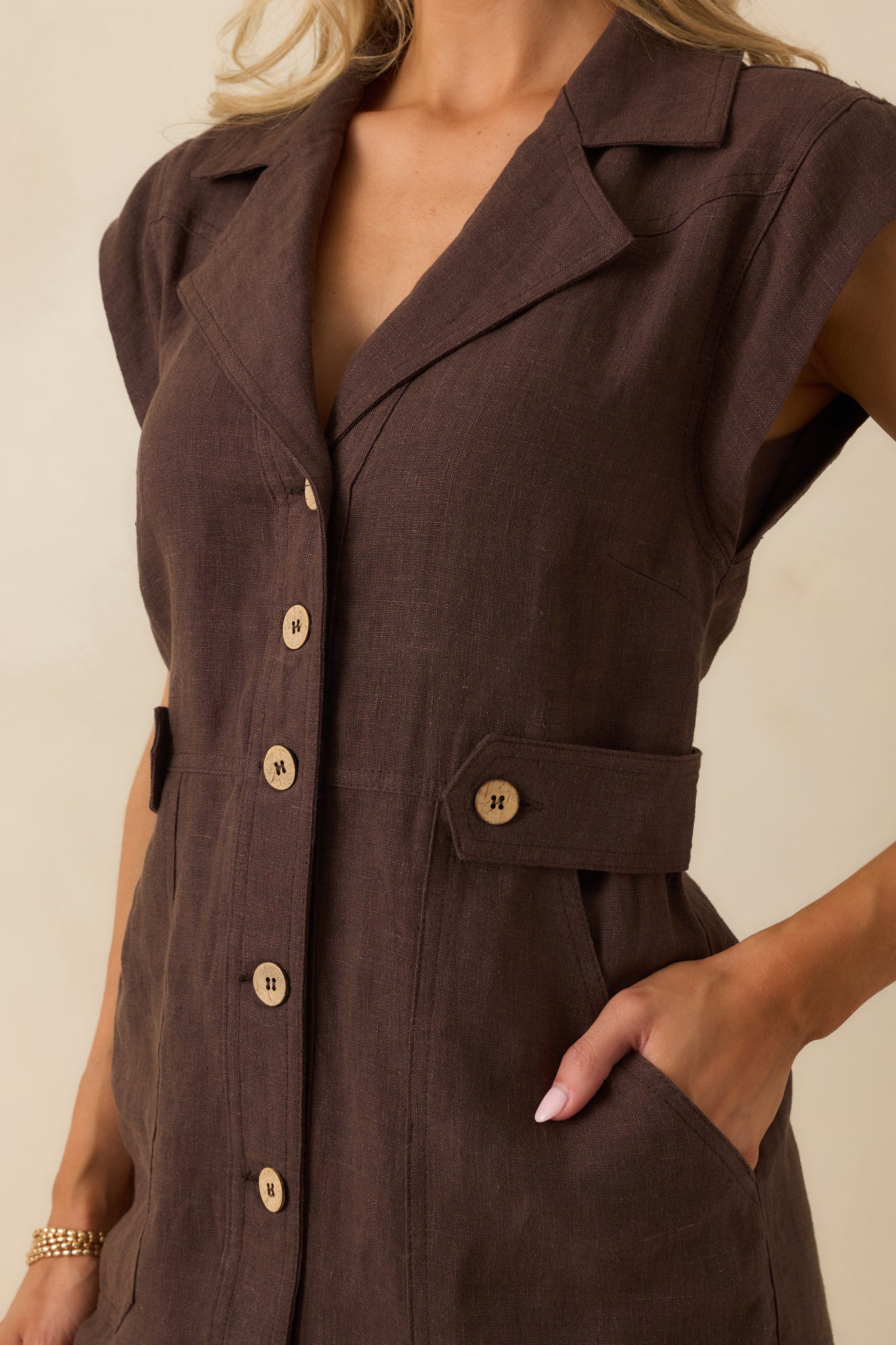 Never A Bad Day Dark Brown Linen Button Front Mini Dress