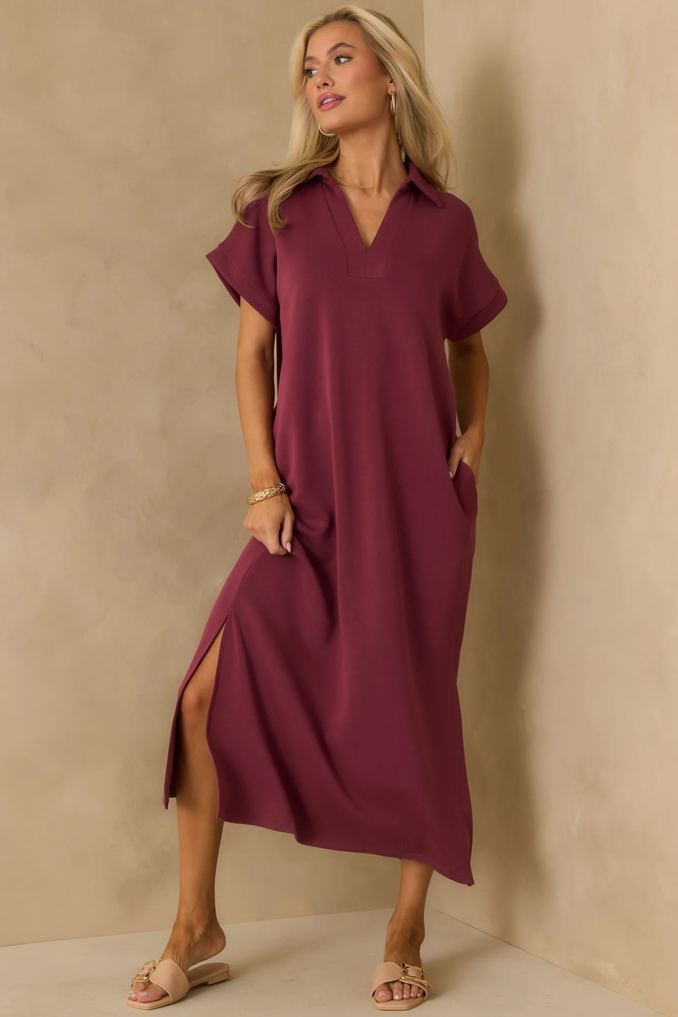 Made The Right Call Burgundy Collared Midi T-Shirt Dress