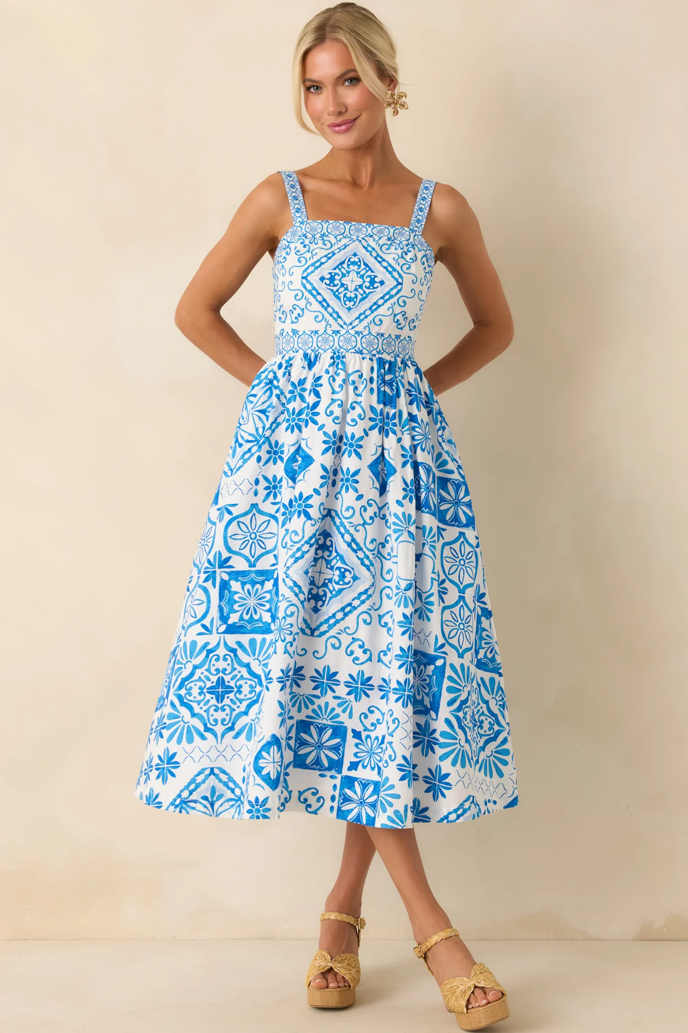 Prosperina Lydia Blue Tile Print Cotton Midi Dress
