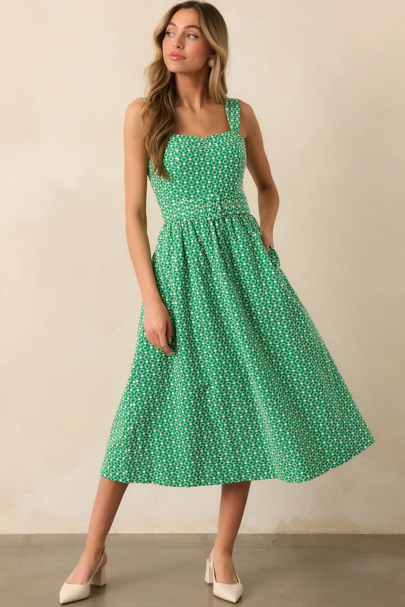 Cameron Meadow Green Cotton Belted Midi Dress