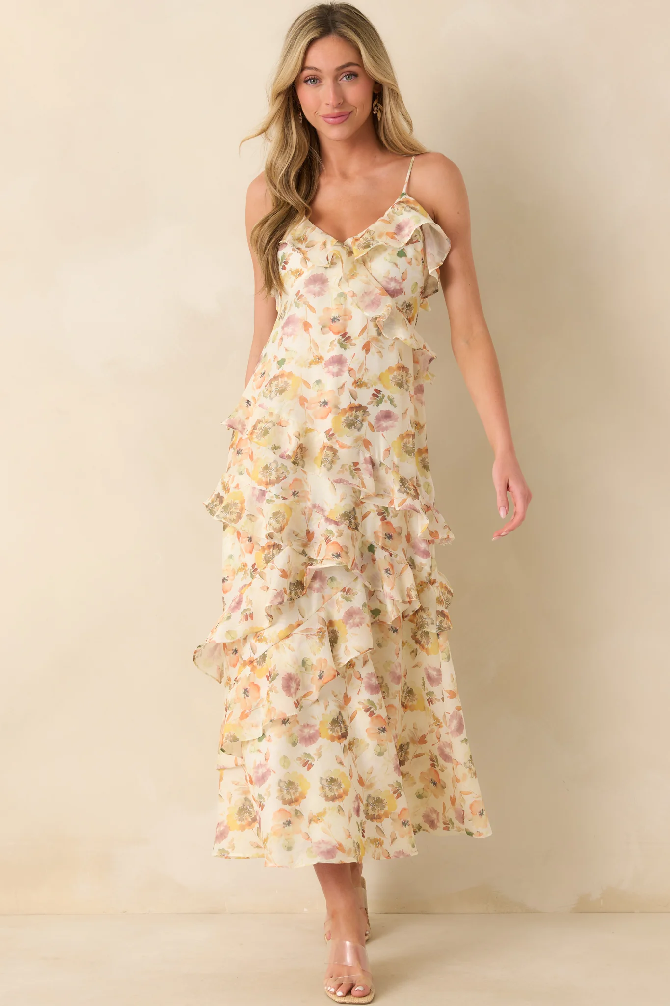 Left Me Speechless Ivory Multi Floral Print Ruffle Maxi Dress
