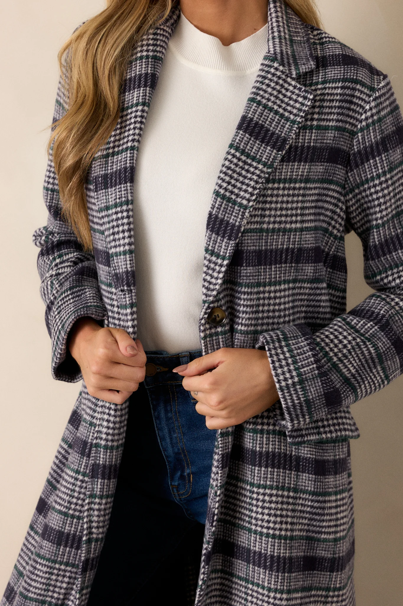 Fireside Chats Navy Plaid Trench Coat