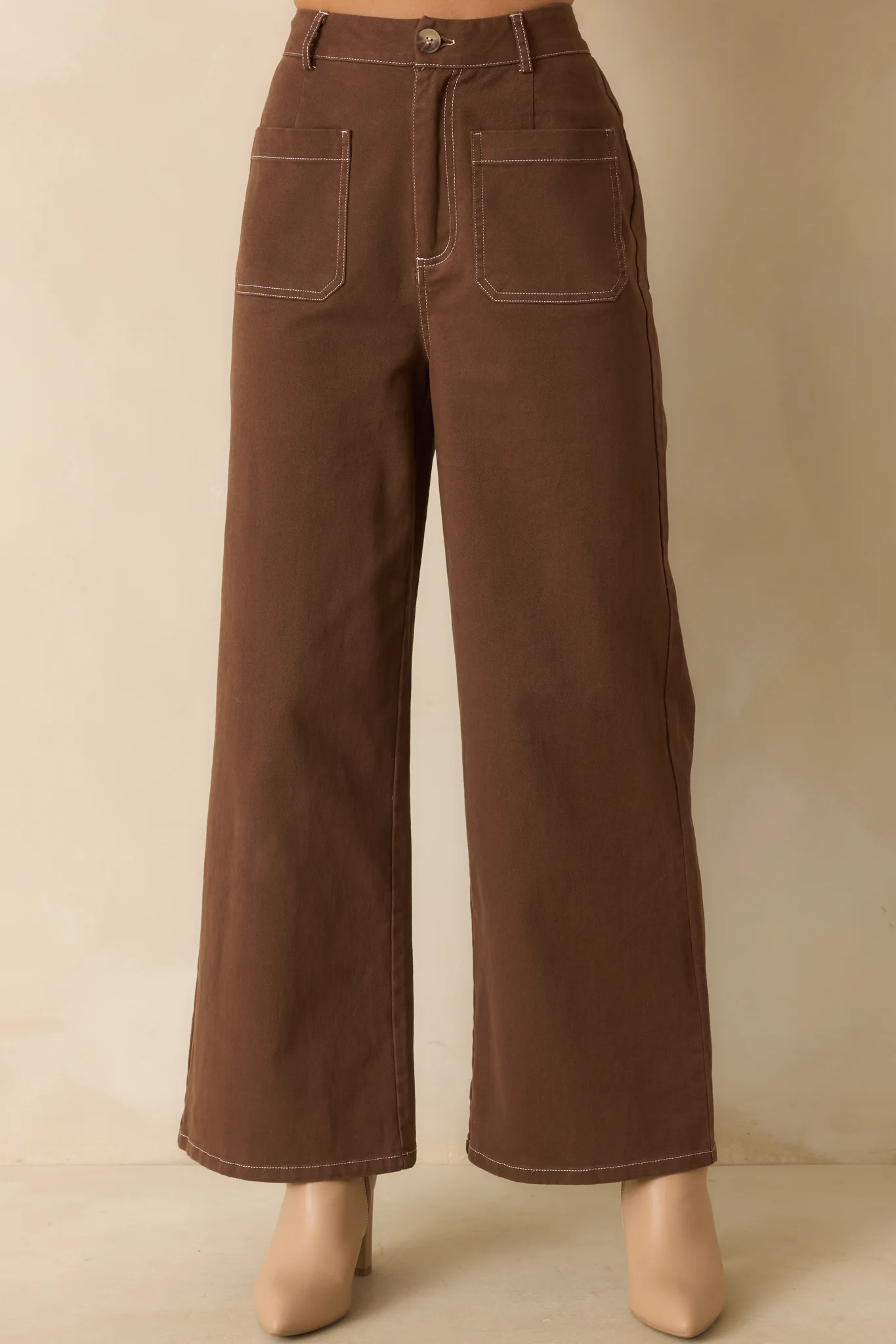 What Makes Sense Brown Cotton Contrast Stitch Wide Leg Pants