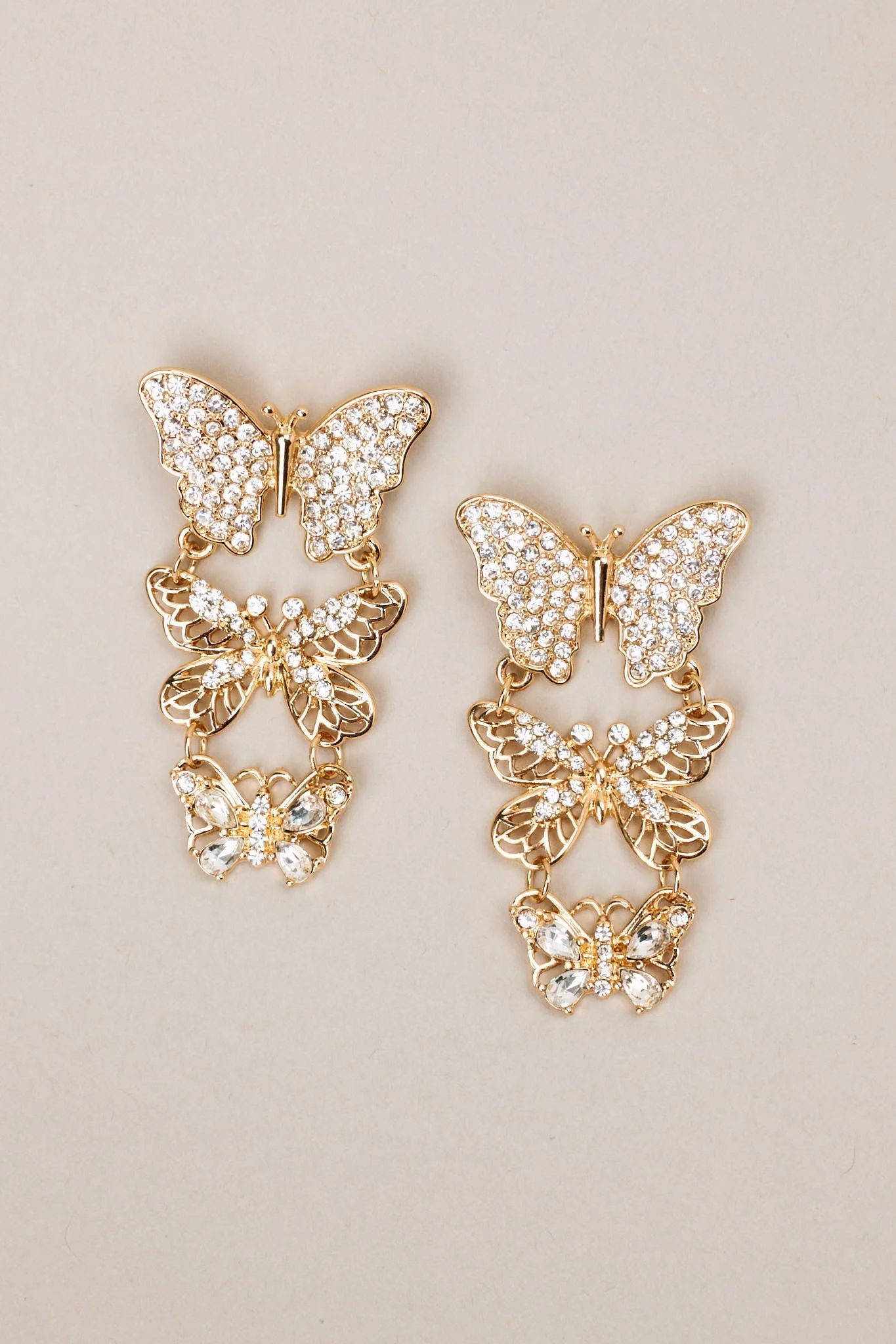Monarch Majesty Gold Rhinestone Butterfly Drop Earrings