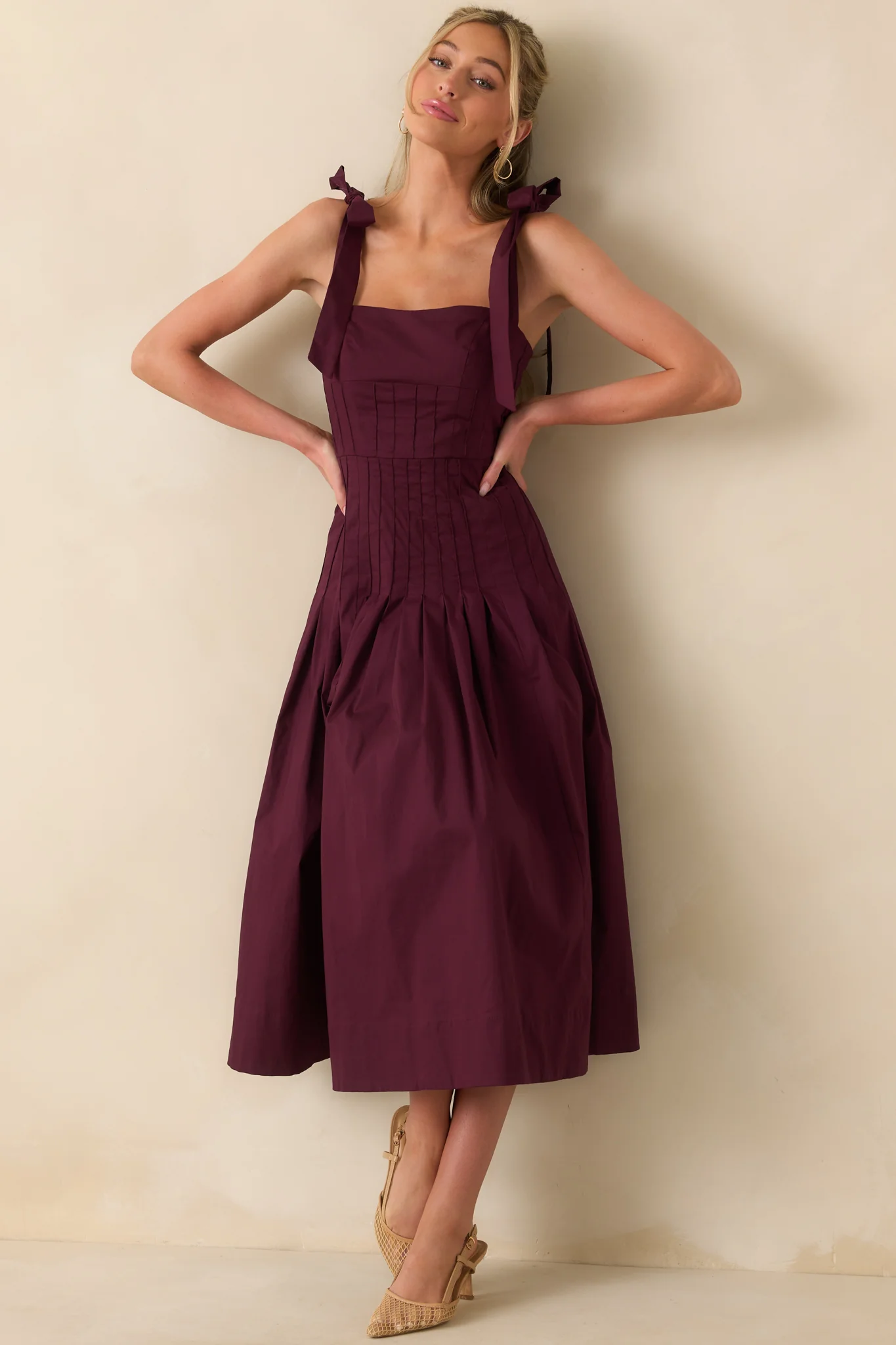 Every Bit of Lovely Sangria Cotton Pleated Drop Waist Midi Dress