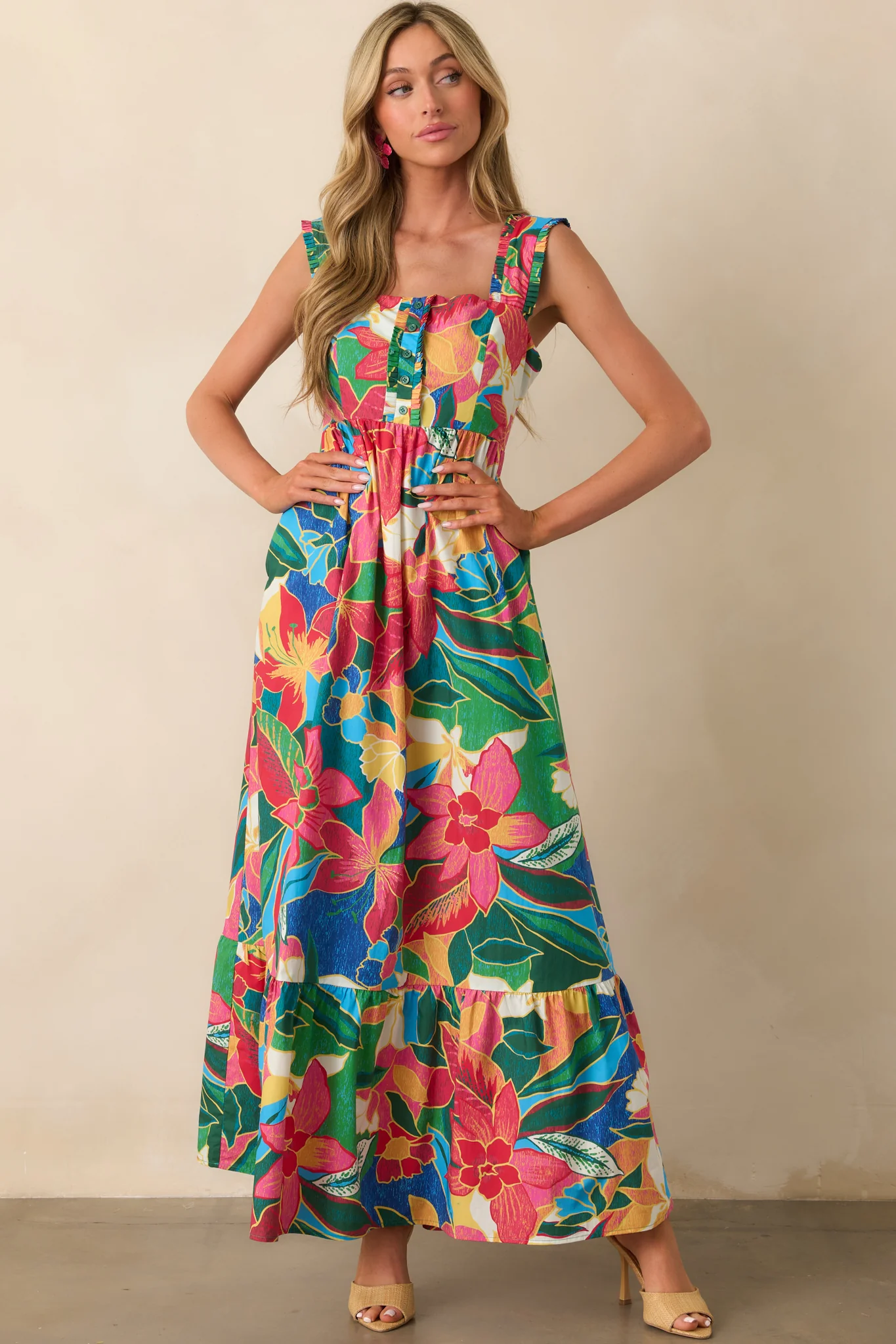 Finding My Oasis Blue Tropical Print Cotton Bow Back Maxi Dress