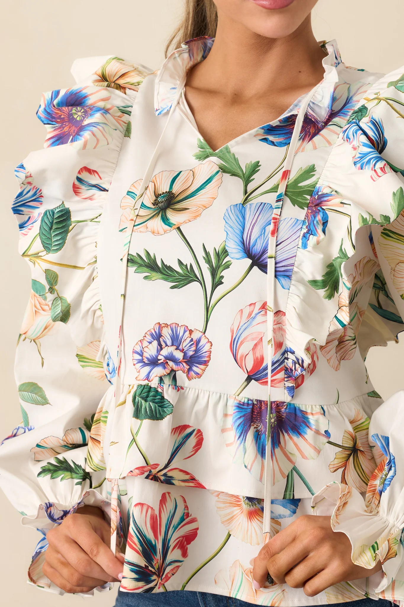 Prosperina Faye Ivory Multi Floral Print Cotton Ruffle Top