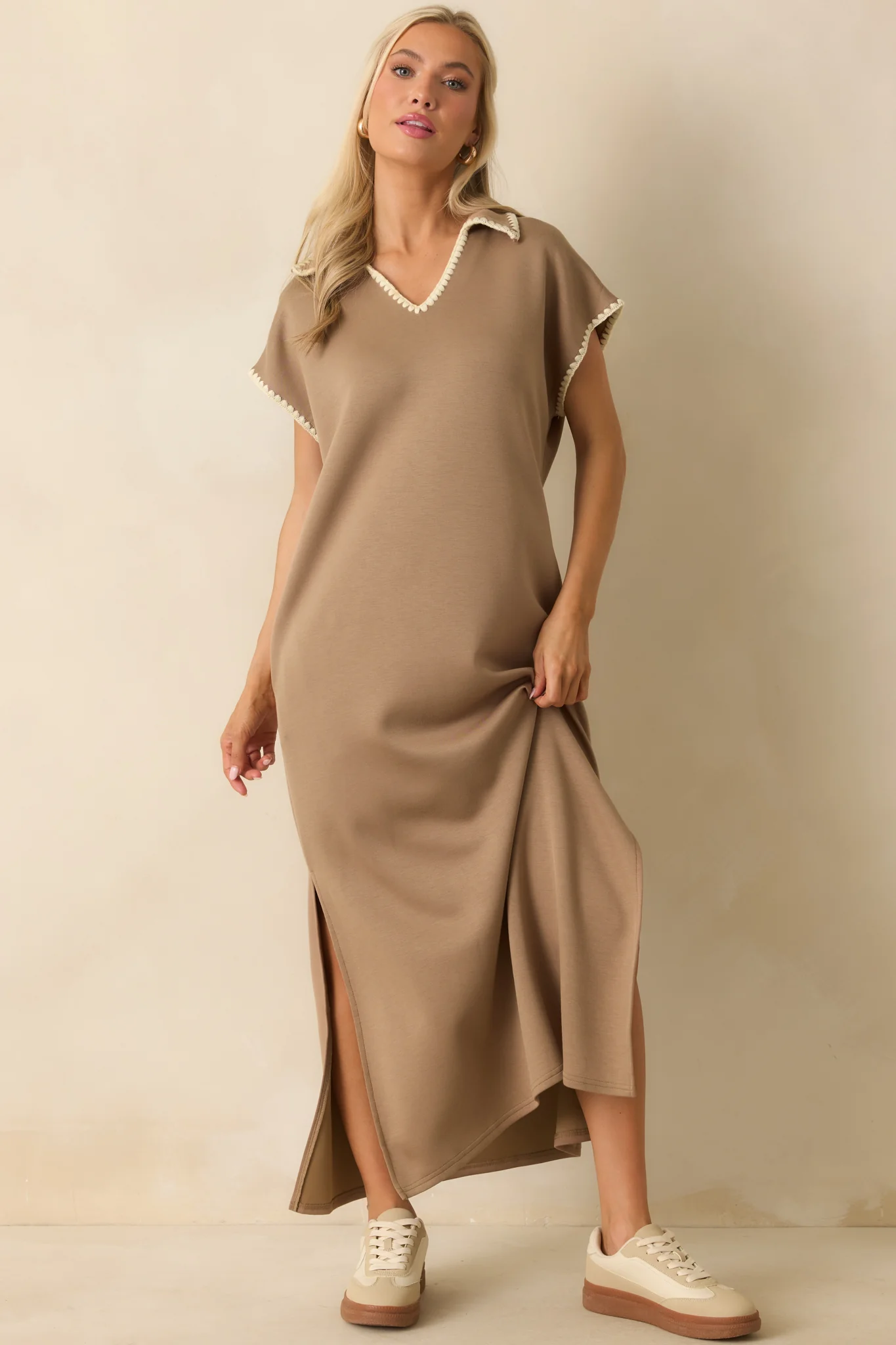 All To Yourself Tan Contrast Trim Polo Maxi Dress